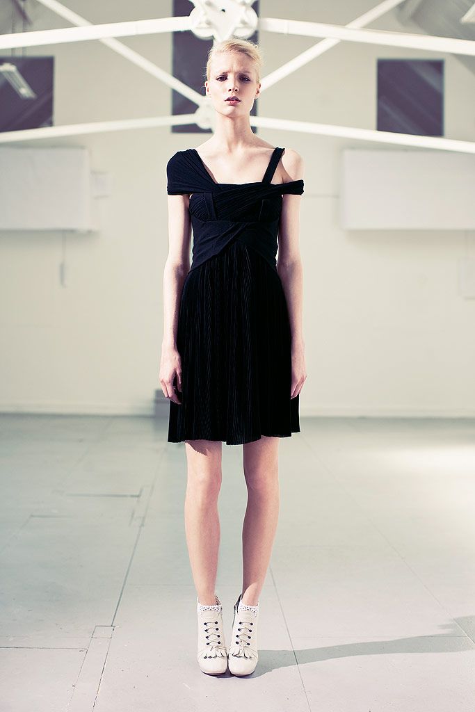 black unknown off-shoulder asymmetric draped pleated mini mini-dress
