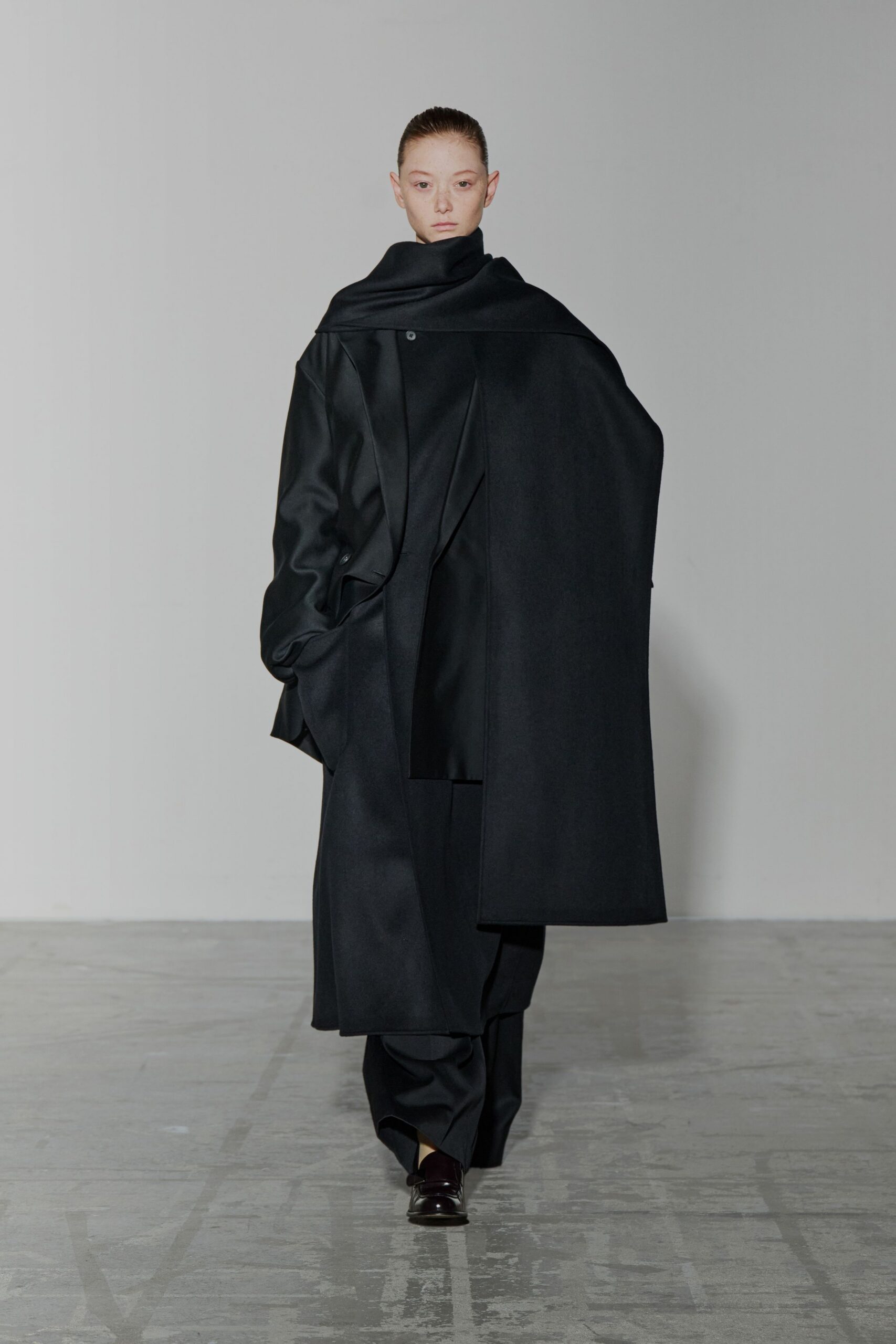 black wool long-sleeve relaxed draped coat