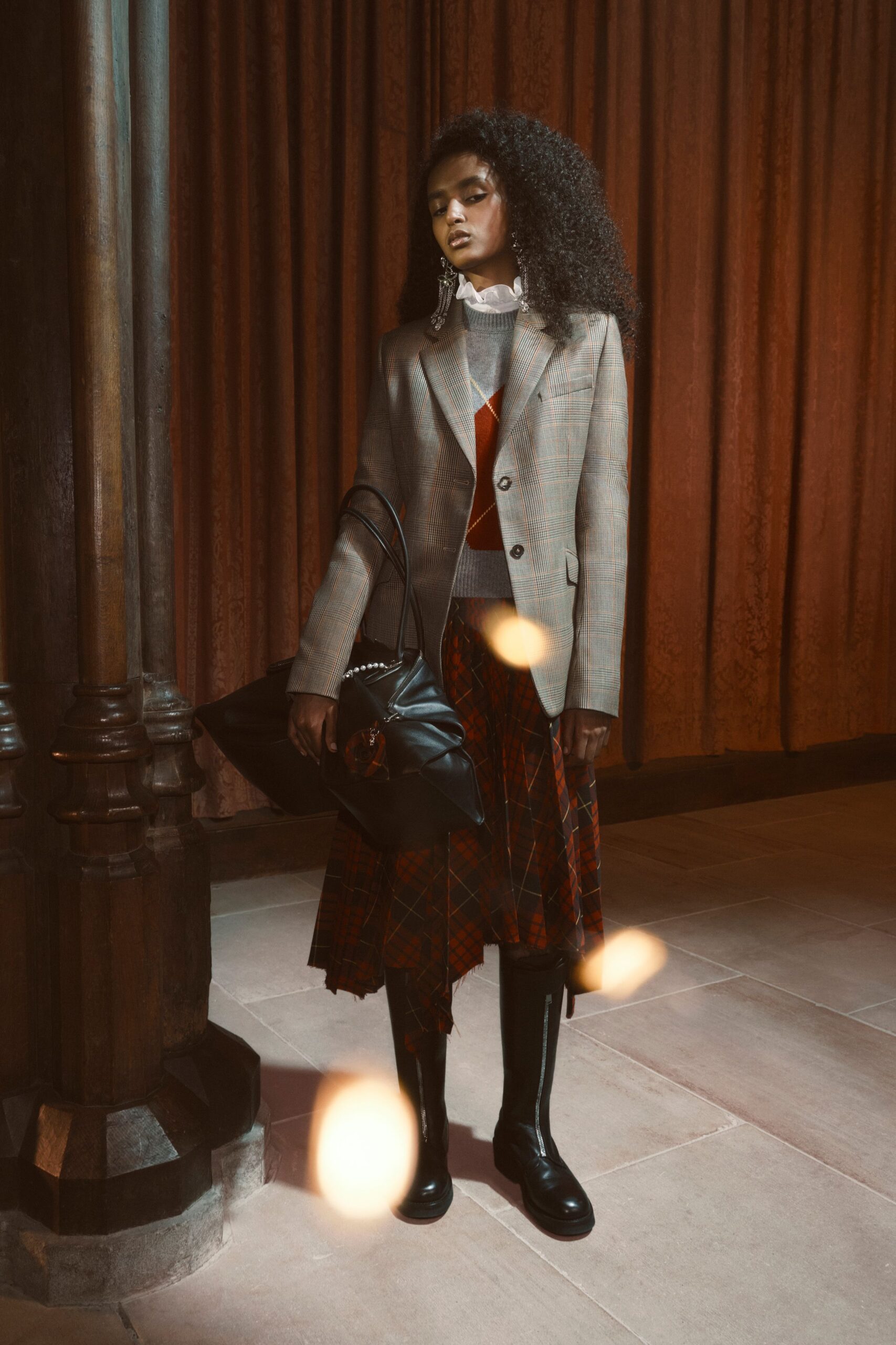 gray tweed blazer with pleated skirt