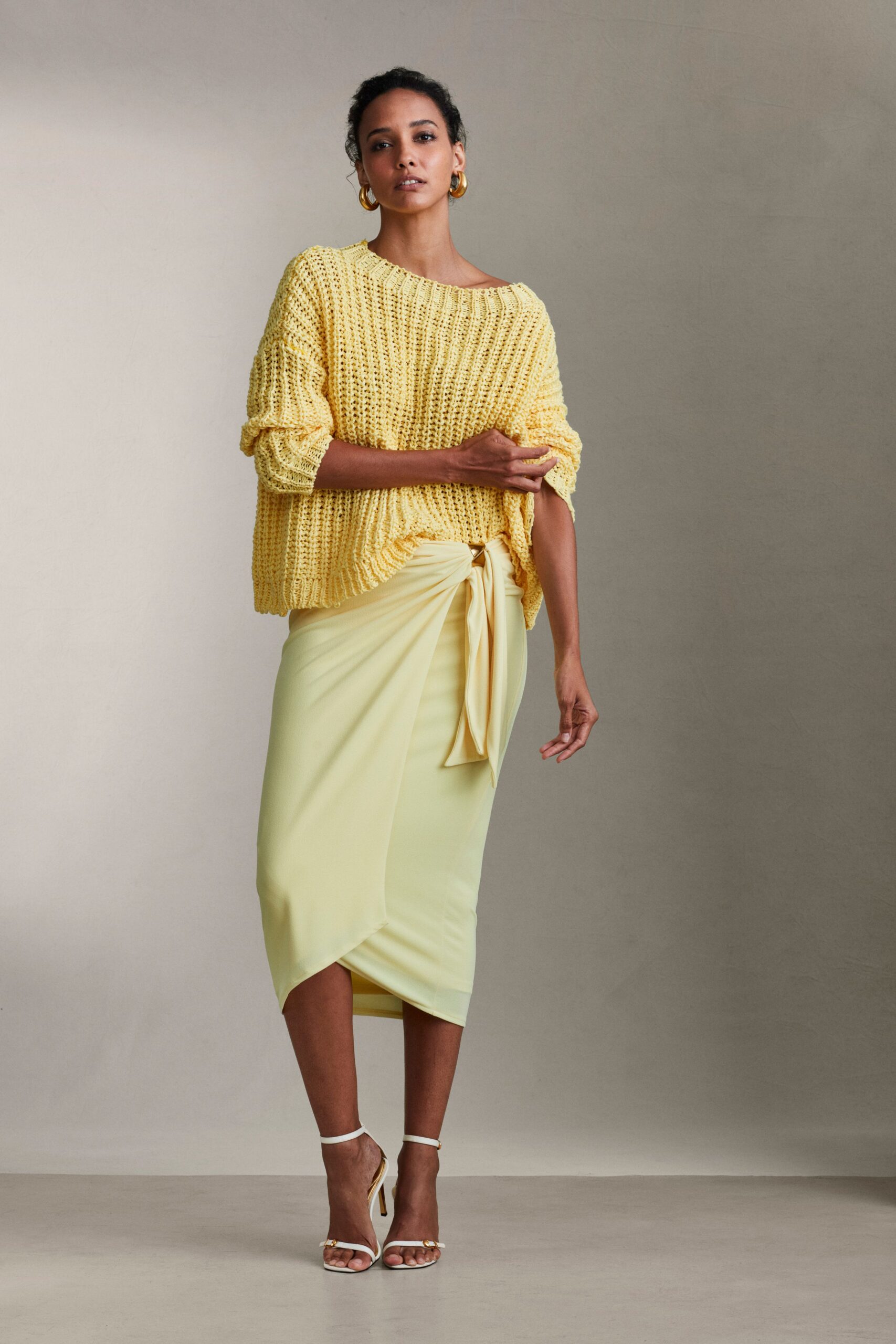 yellow cotton asymmetric fitted ruched skirt