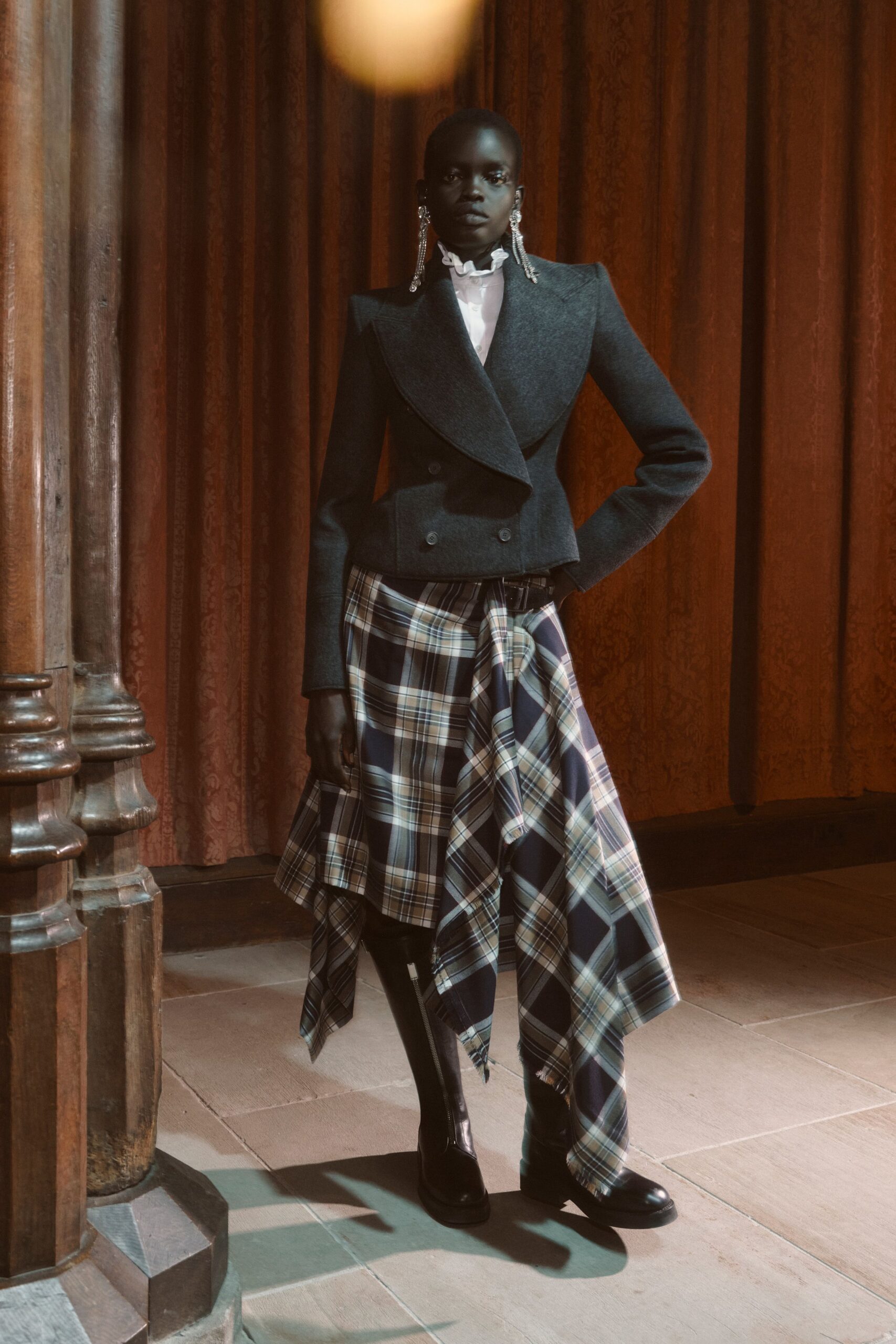 gray wool blazer with asymmetric skirt