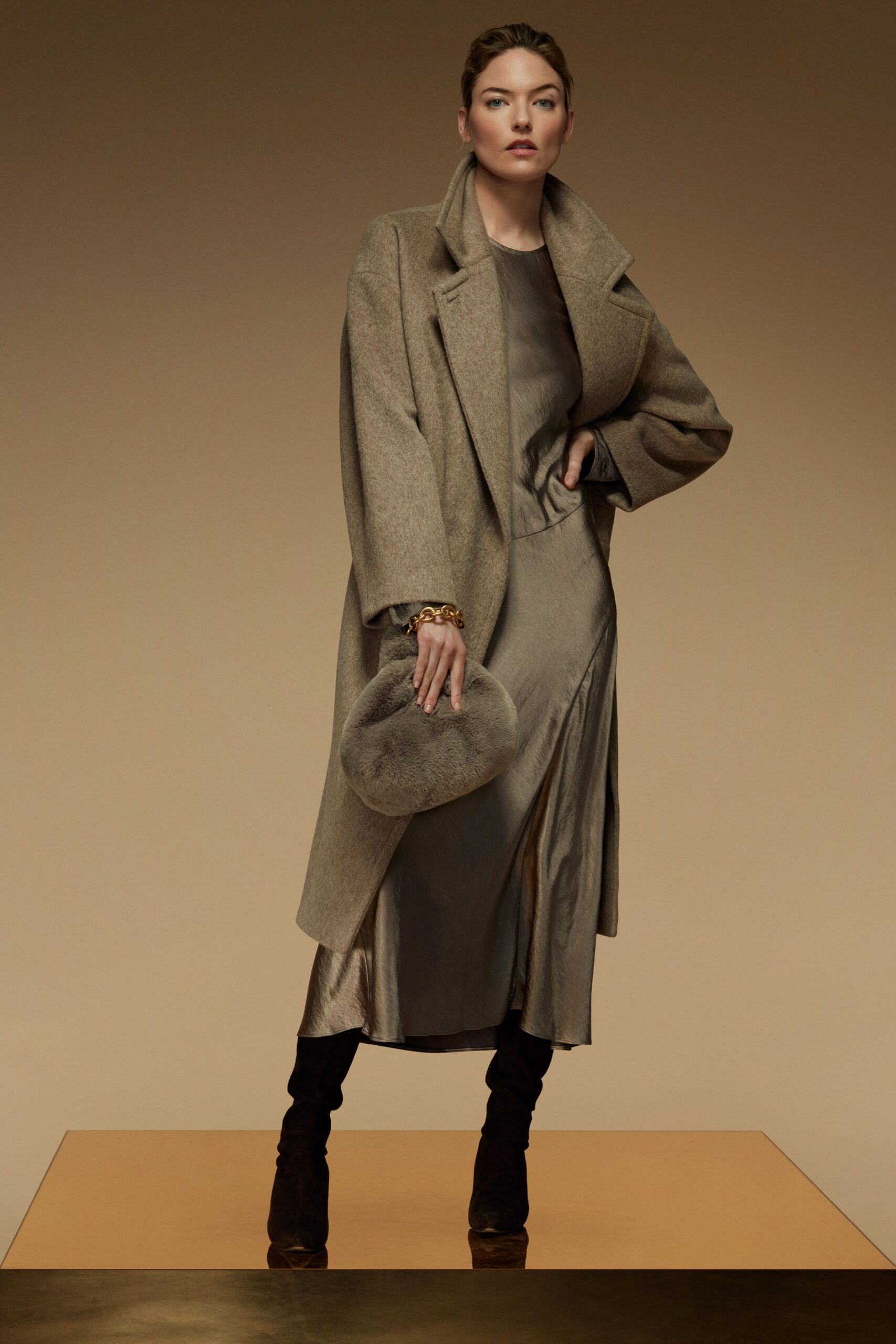 gray silk sleeveless v-neck fitted draped midi dress