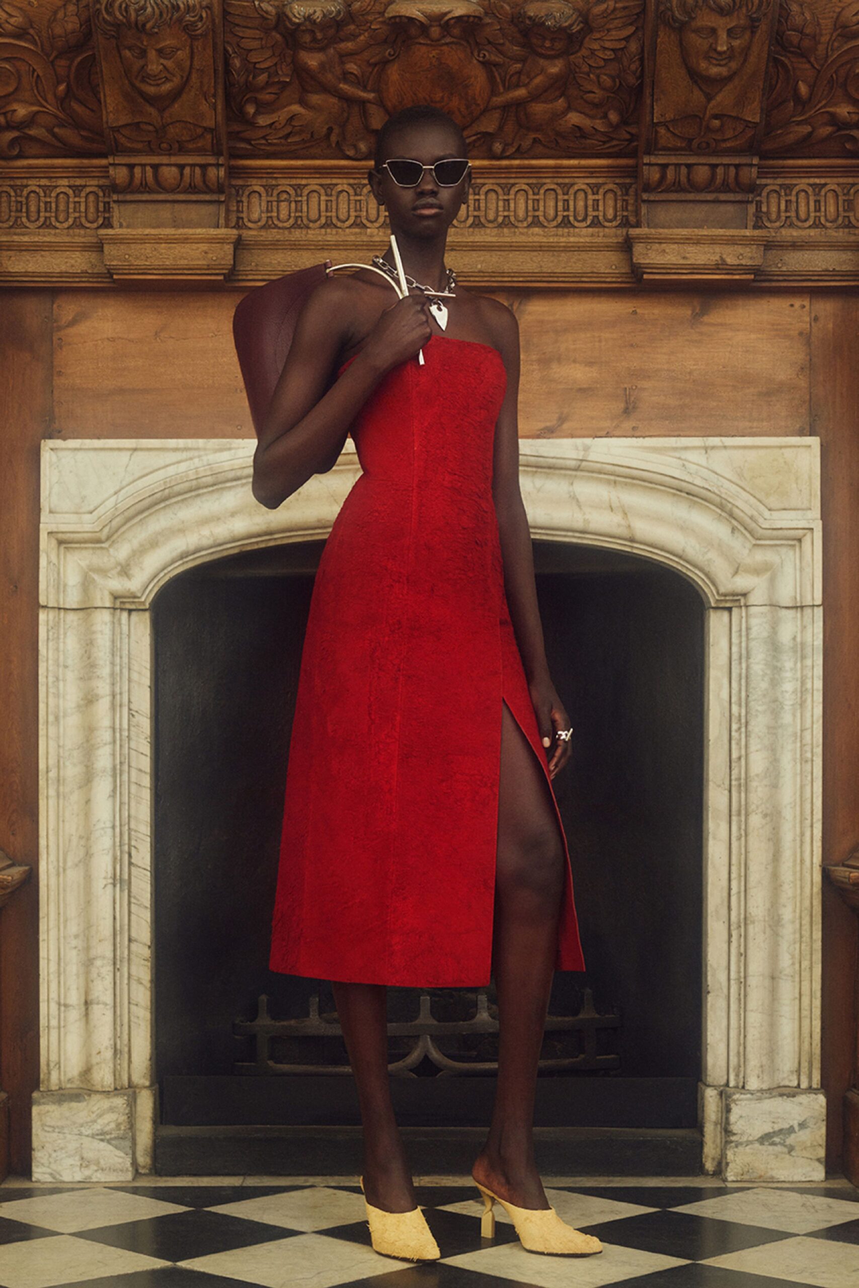 red suede strapless slit fitted midi dress