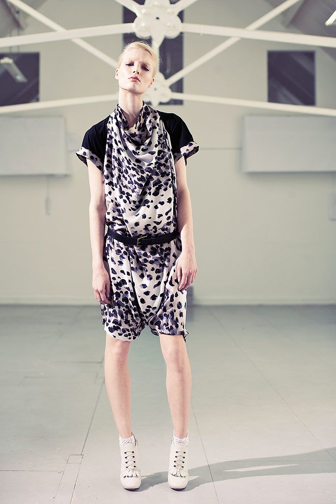 ivory silk short-sleeve scoop-neck animal-print draped romper