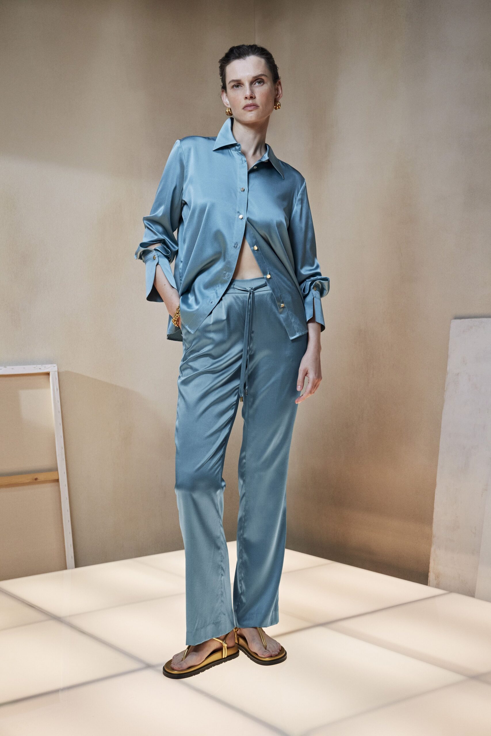 blue silk relaxed shirt and pants
