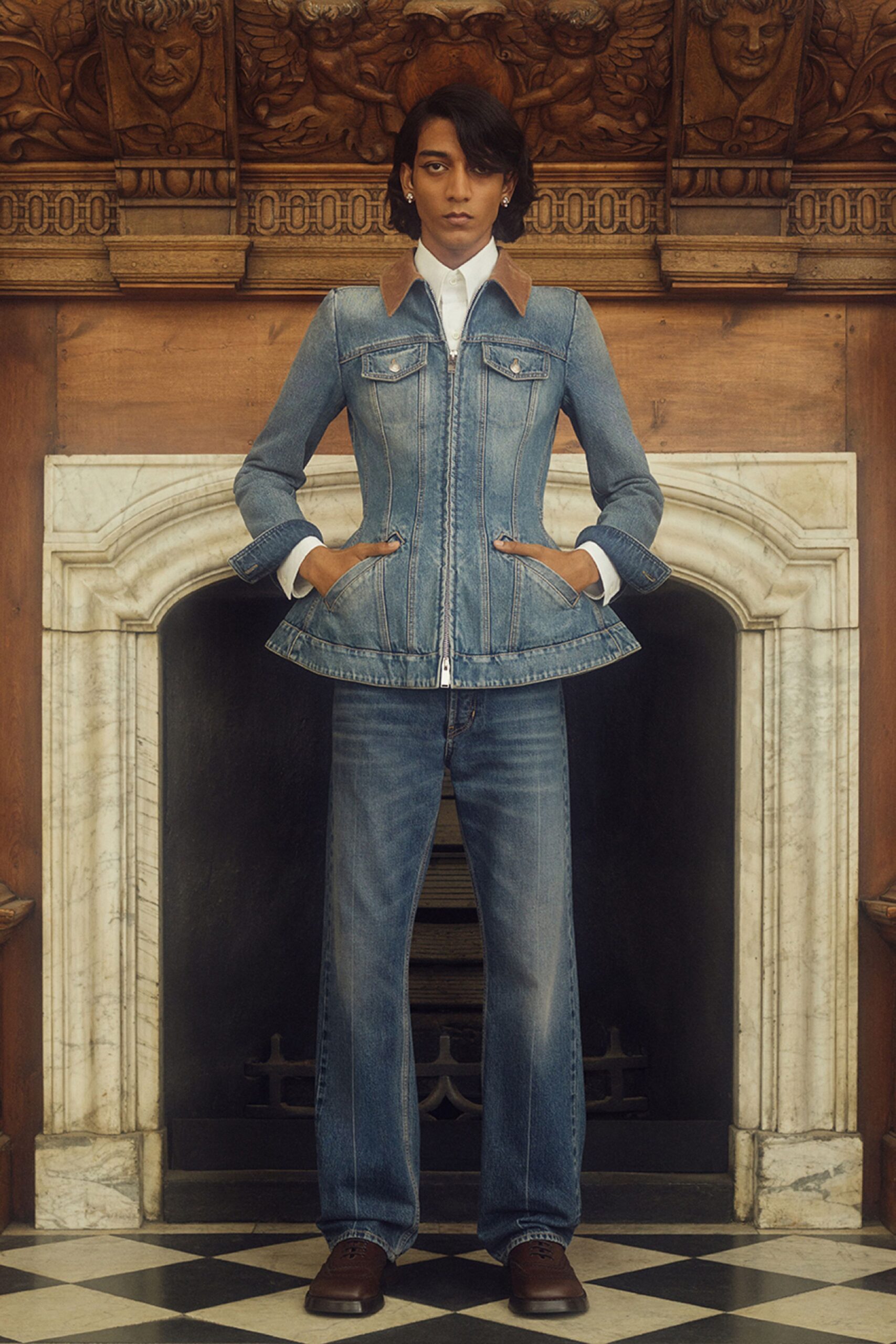 blue denim long-sleeve collared fitted zippered pleated jacket
