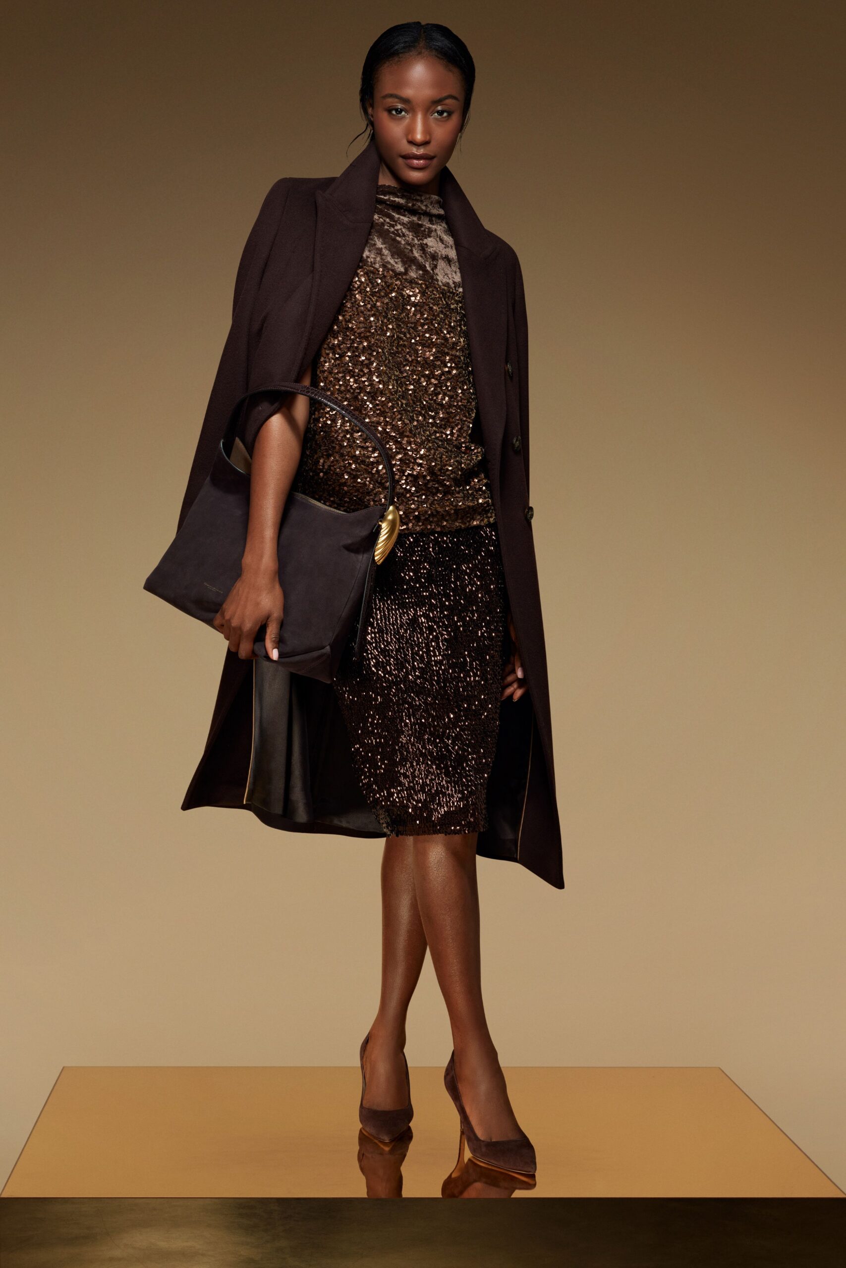 brown wool long-sleeve collared structured buttoned cape