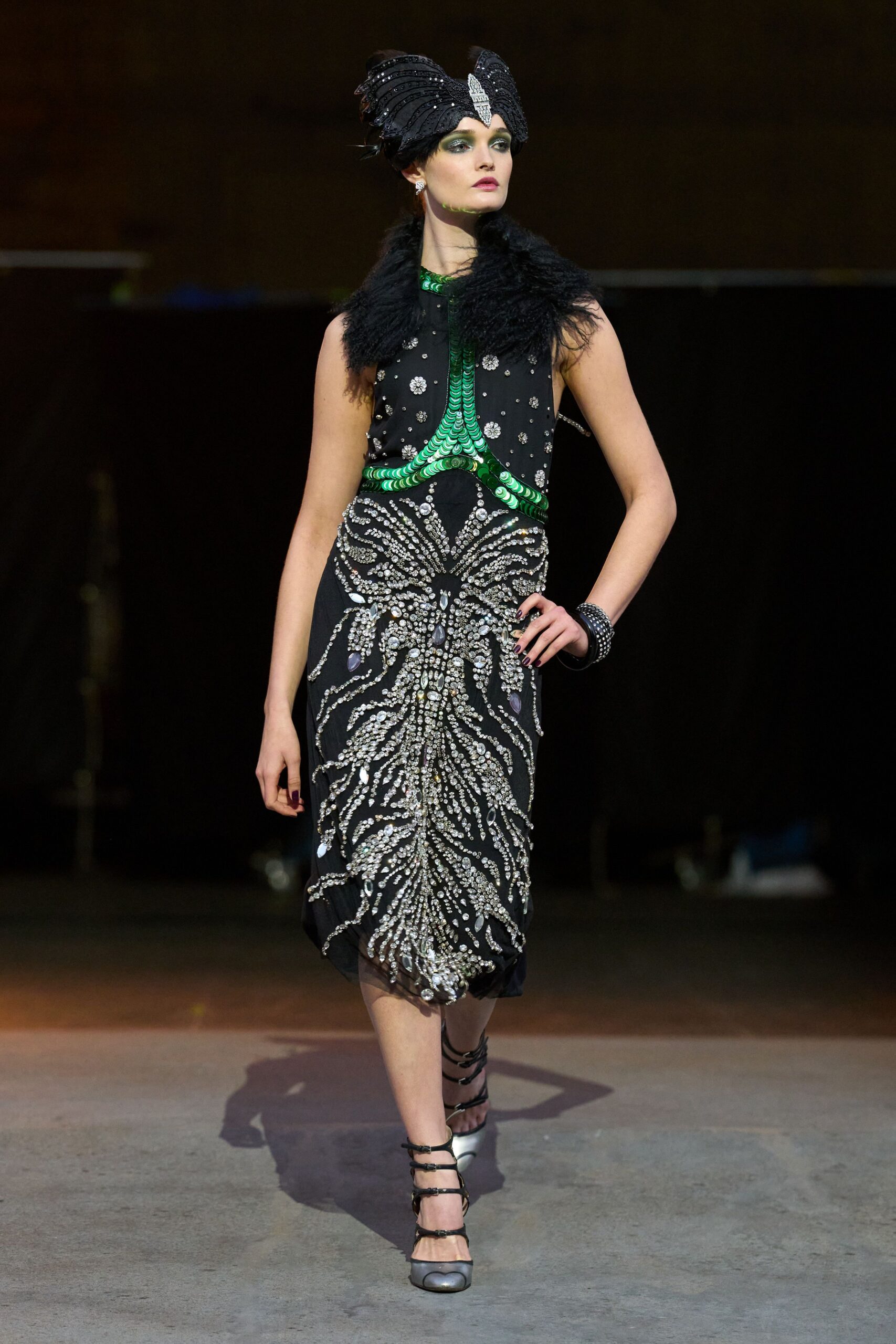 black silk sleeveless high-neck fitted sequined embroidered dress