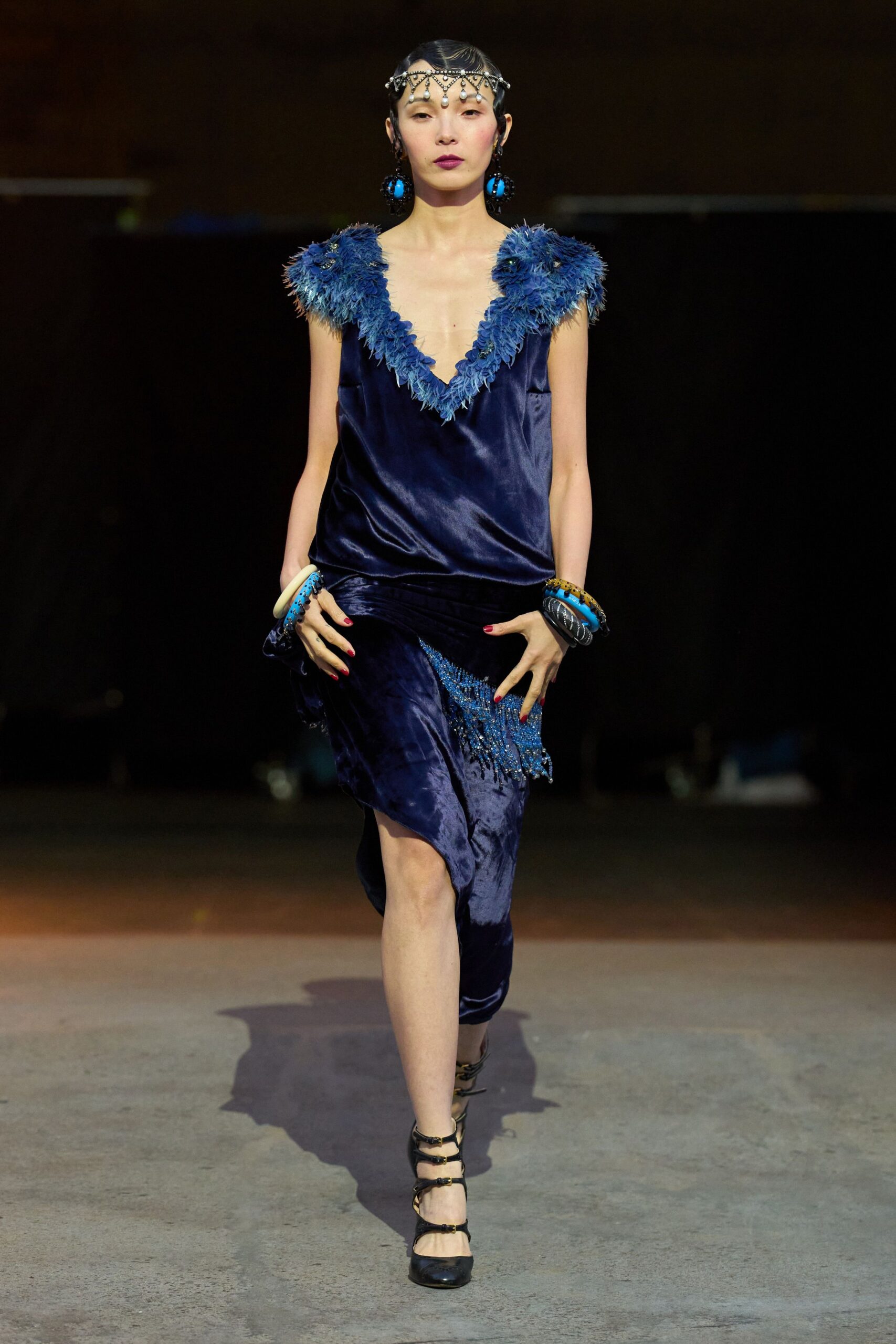 blue silk sleeveless v-neck fitted ruffled layered dress