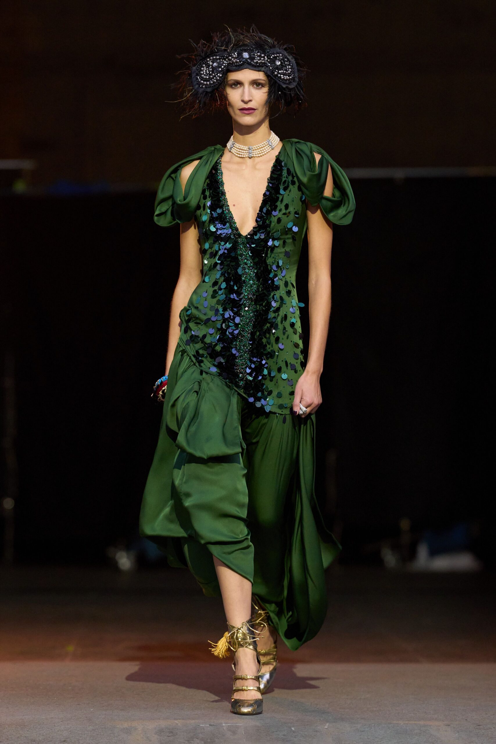 green sequin sleeveless v-neck fitted pleated embellished dress