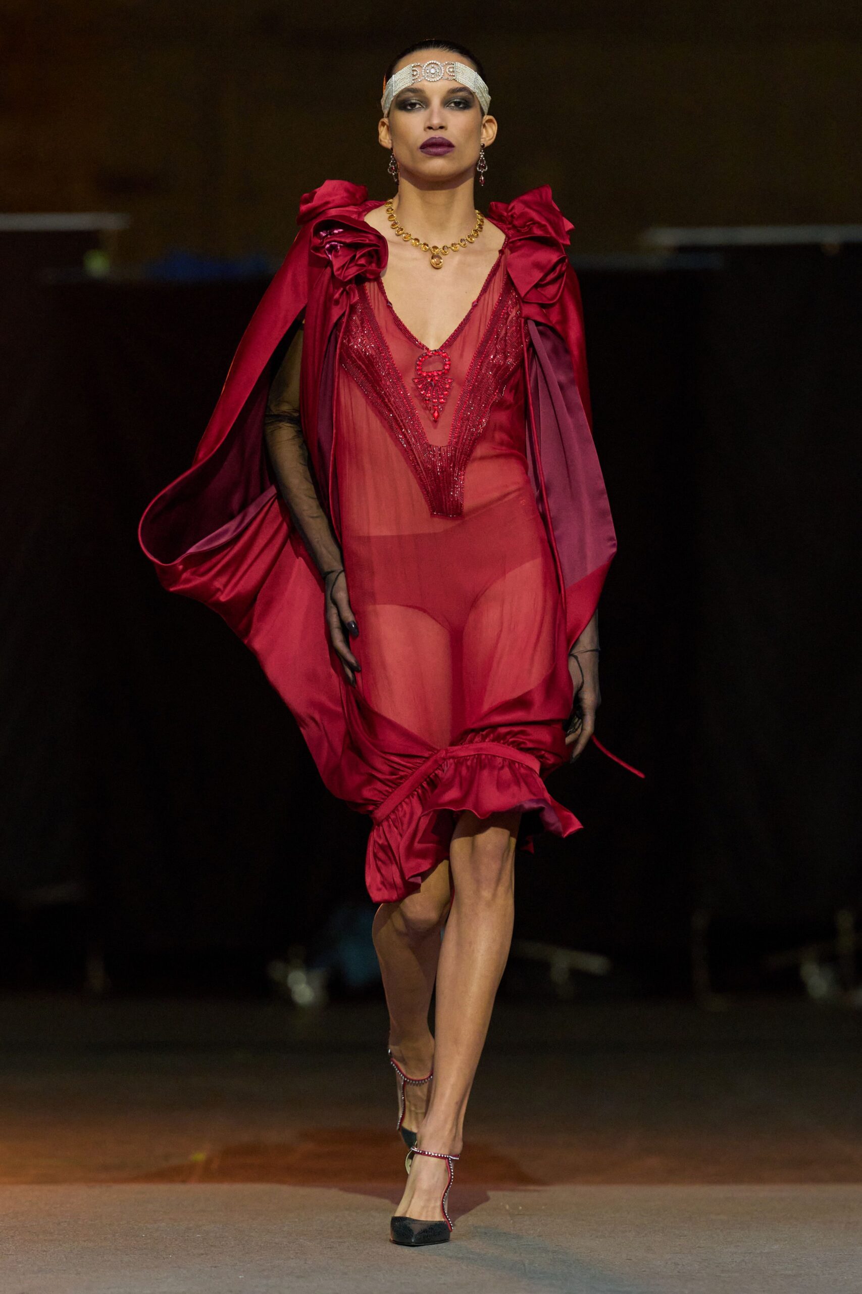 red silk sleeveless v-neck fitted ruffled embellished dress