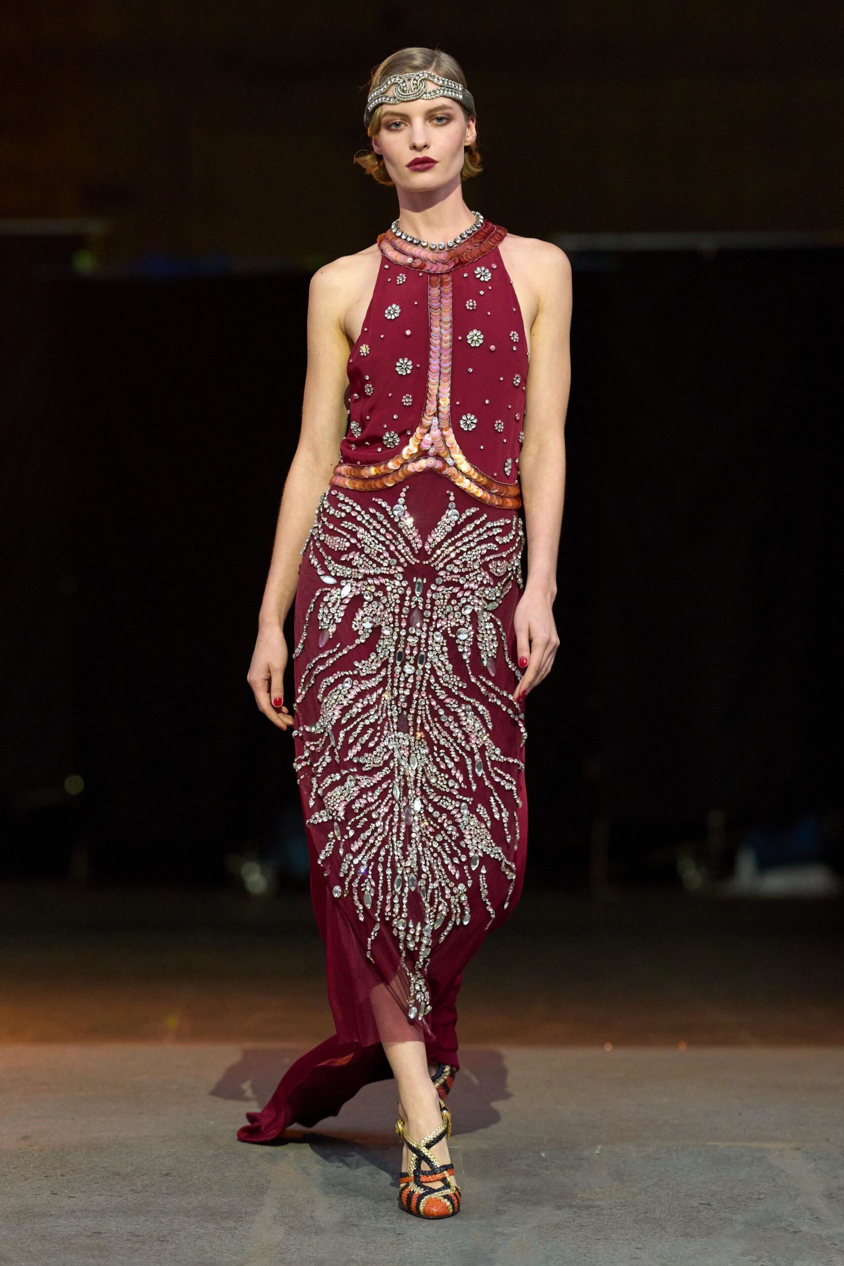 maroon silk sleeveless high-neck fitted embroidered beaded gown