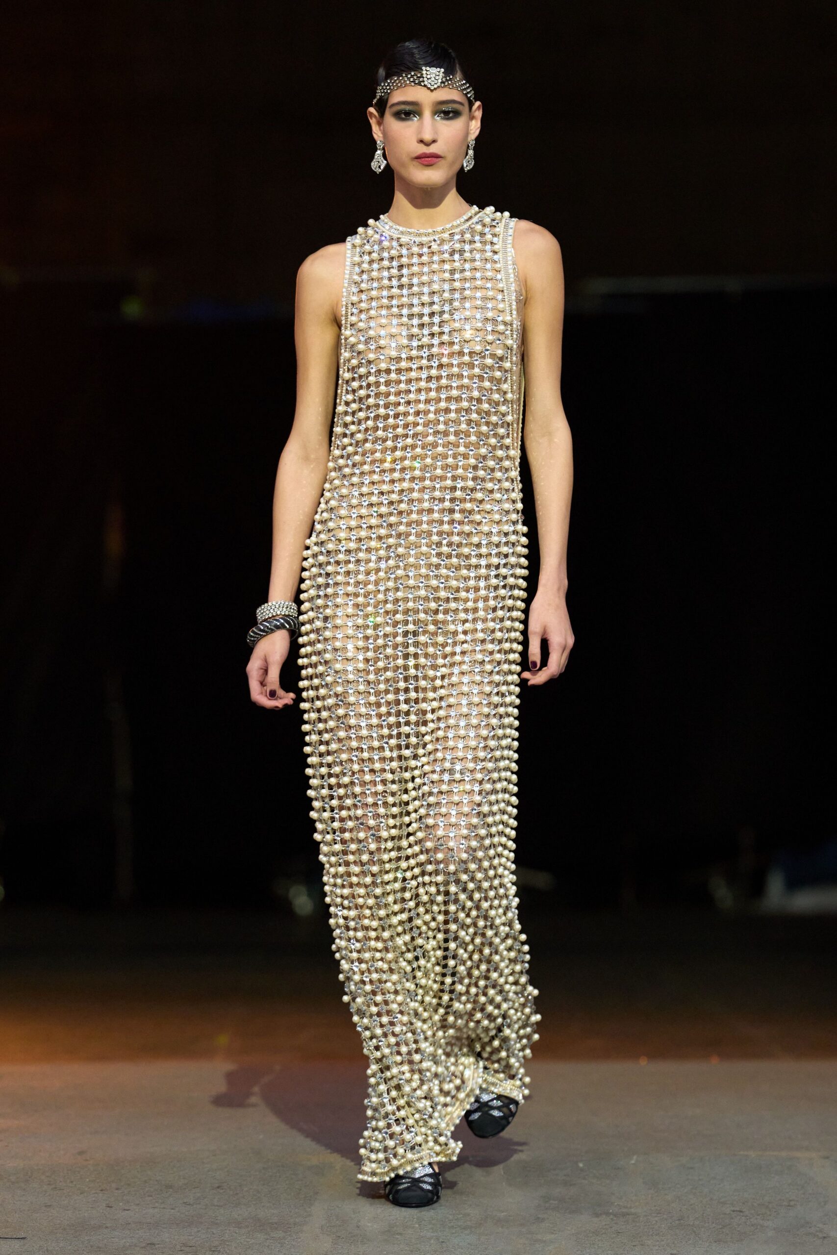 gold beaded sleeveless gown