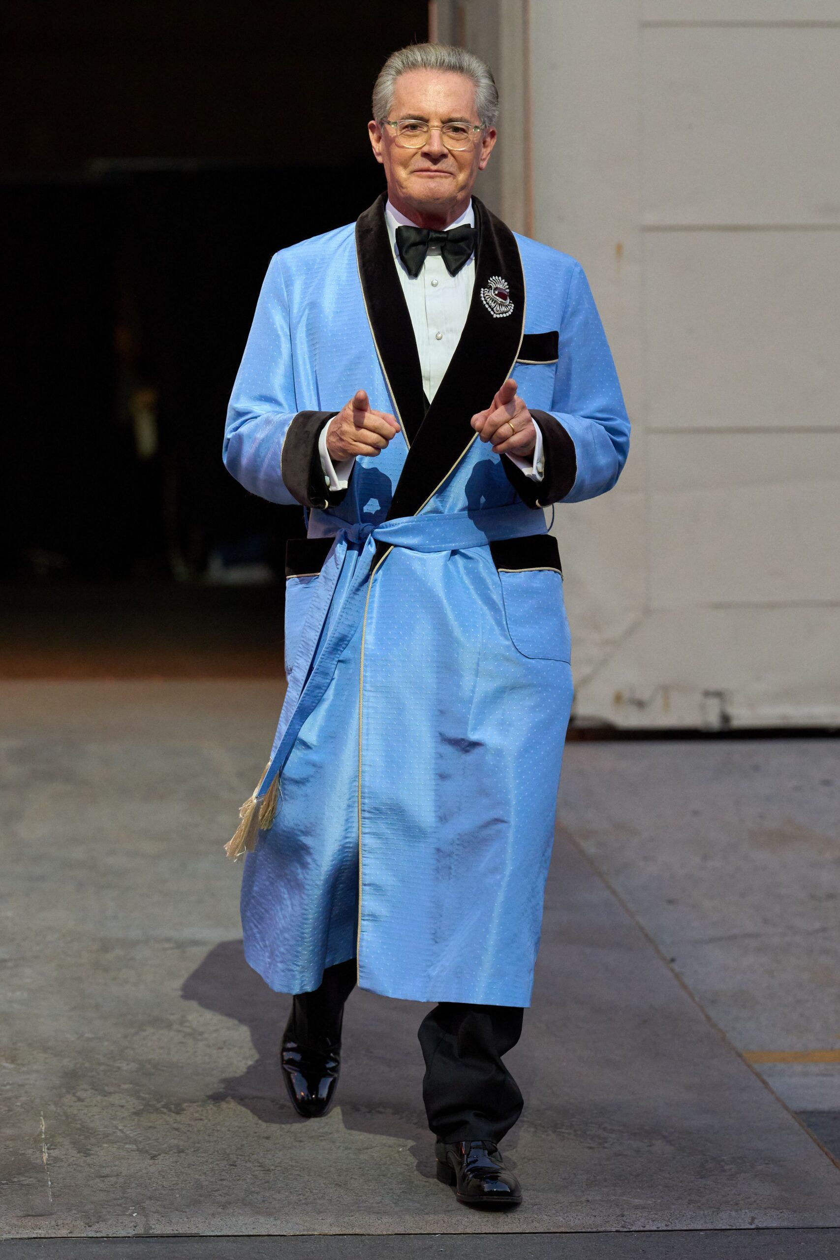 blue satin long-sleeve collared relaxed buttoned coat