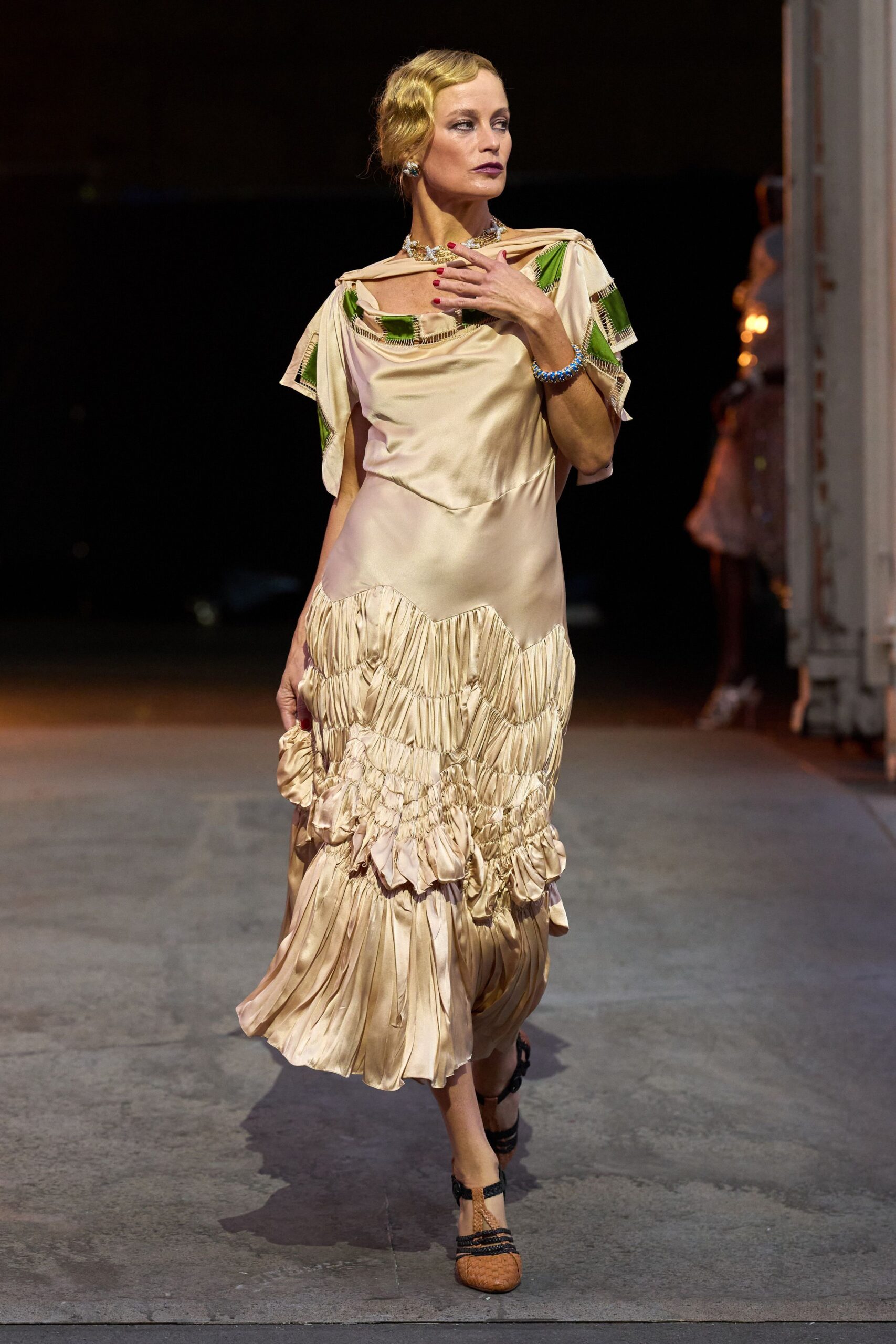 beige silk sleeveless v-neck fitted pleated ruffled dress