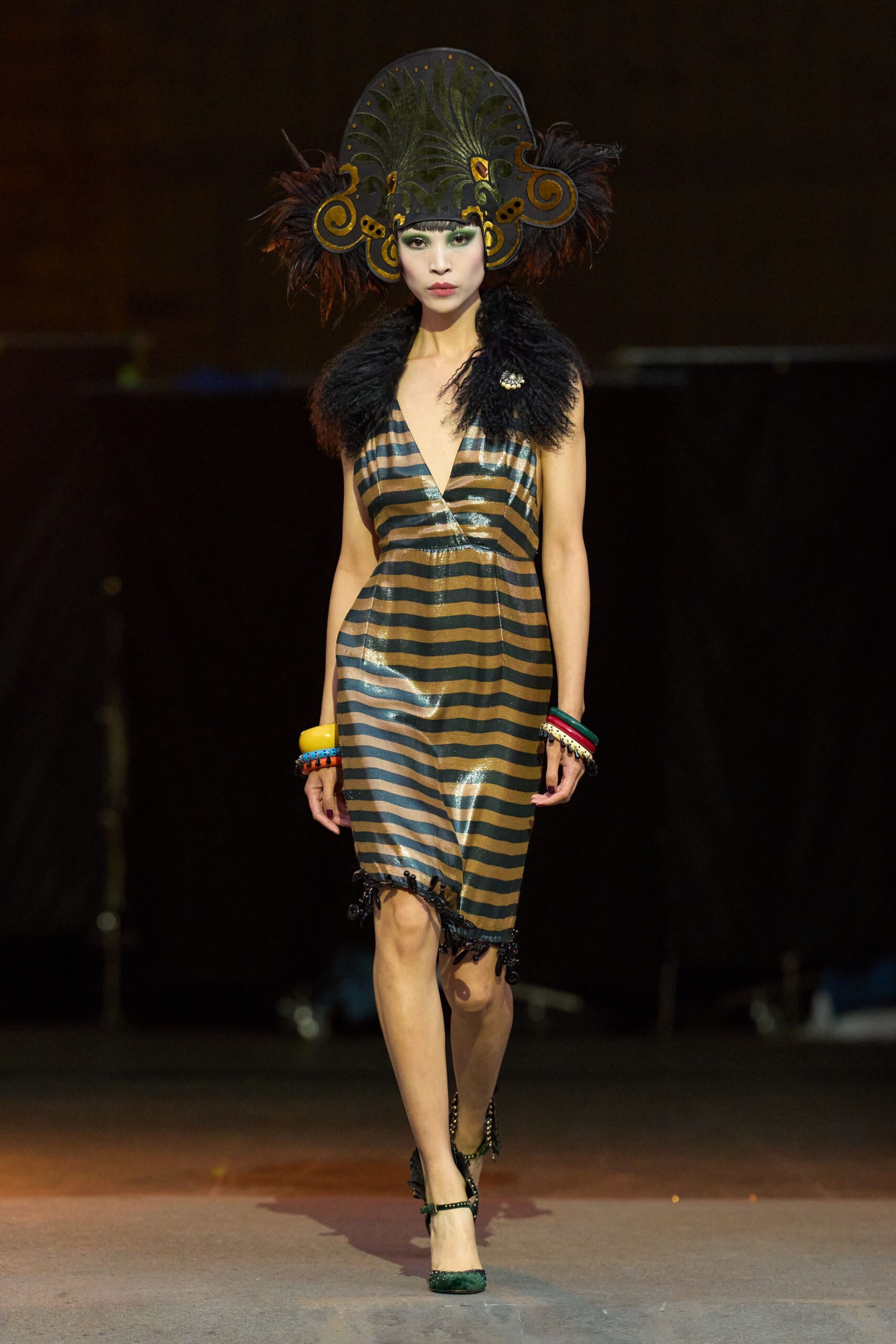 black silk sleeveless v-neck fitted striped fringed dress
