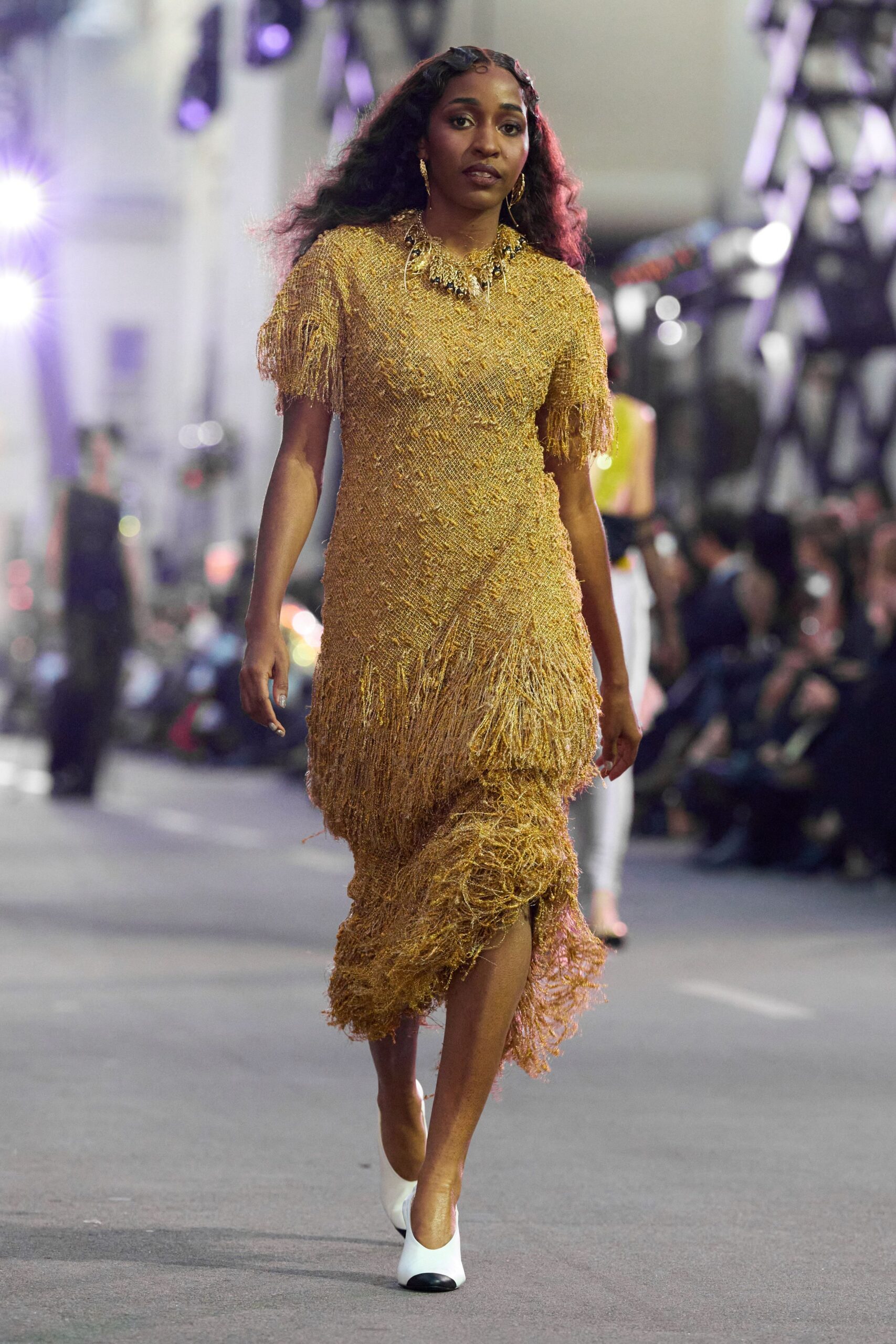 gold silk short-sleeve collared fitted fringed embroidered dress