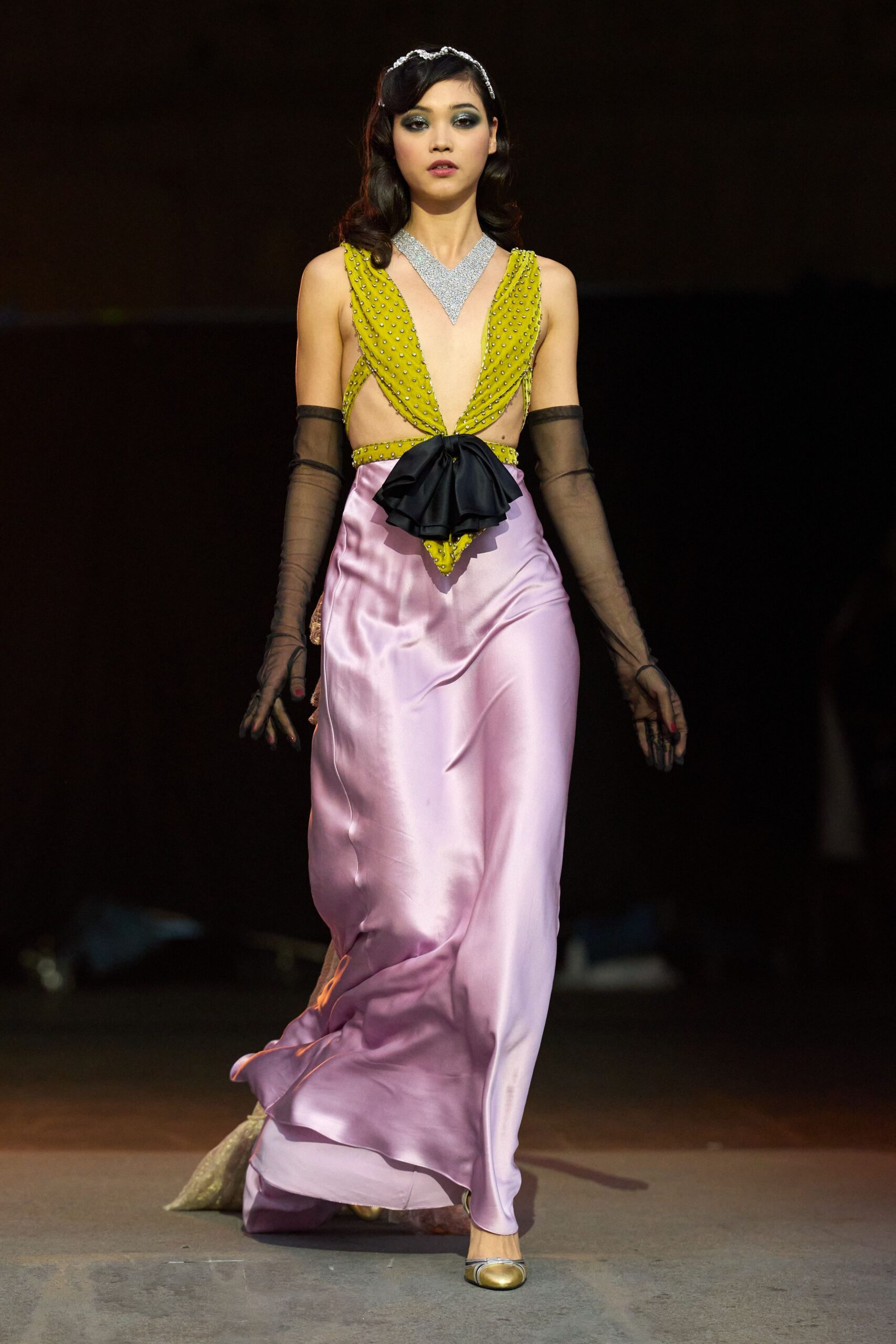 pink silk fitted gown