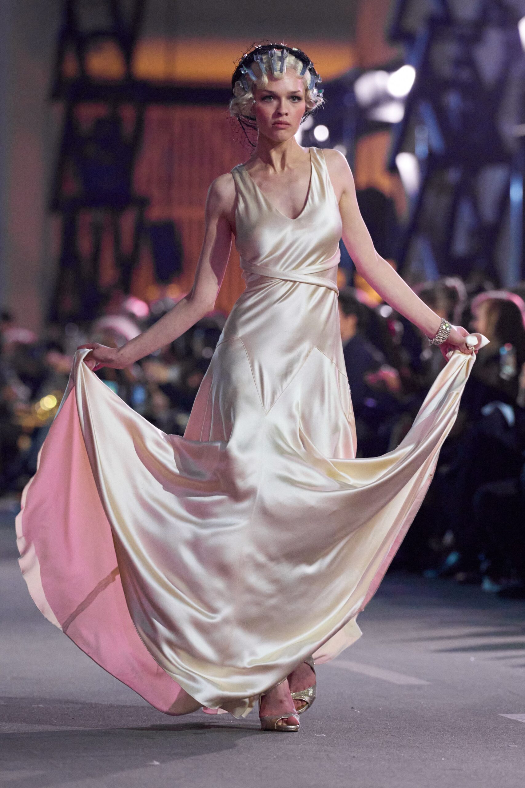 ivory silk sleeveless v-neck fitted draped flowing gown
