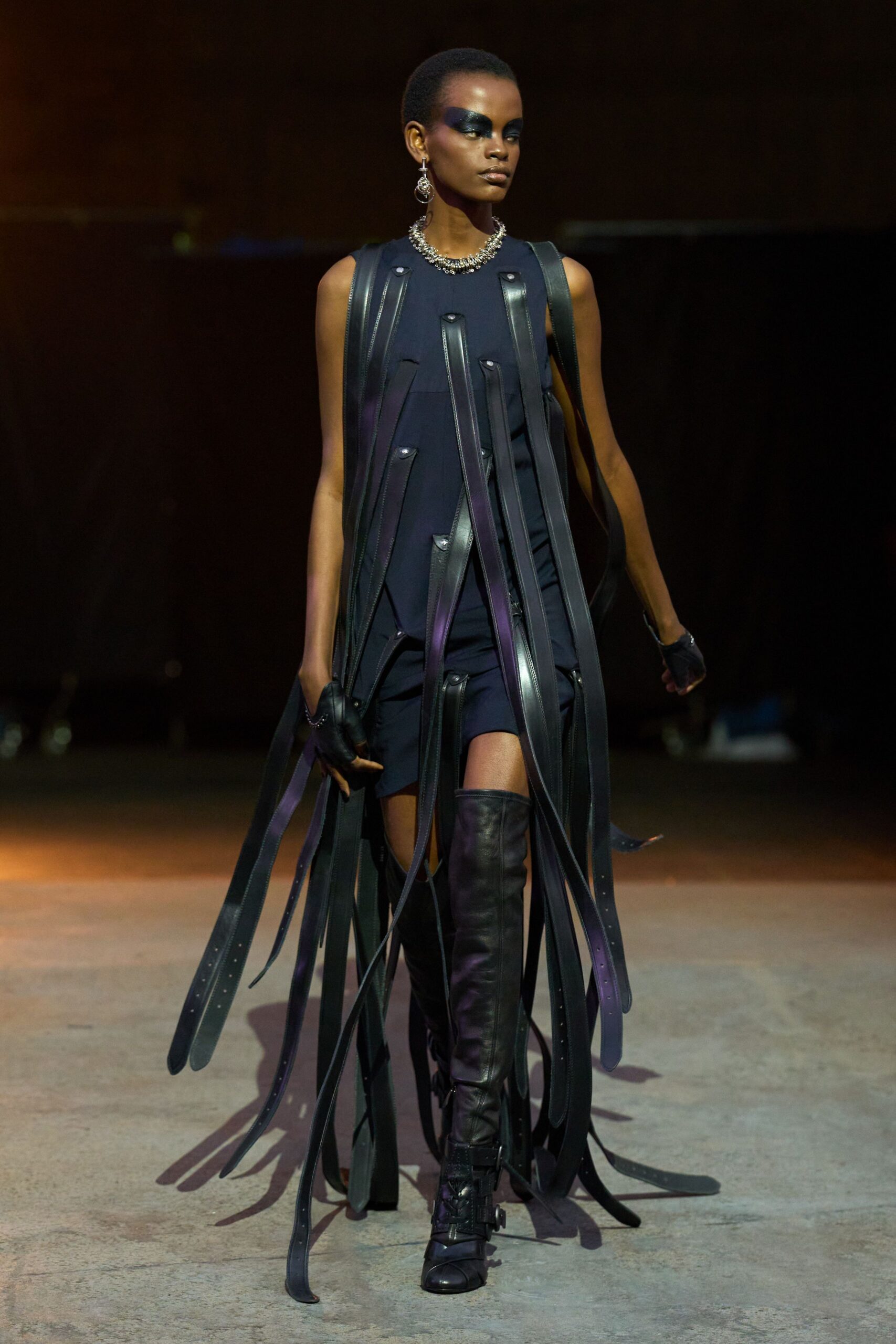 black leather sleeveless v-neck fitted fringed mini dress