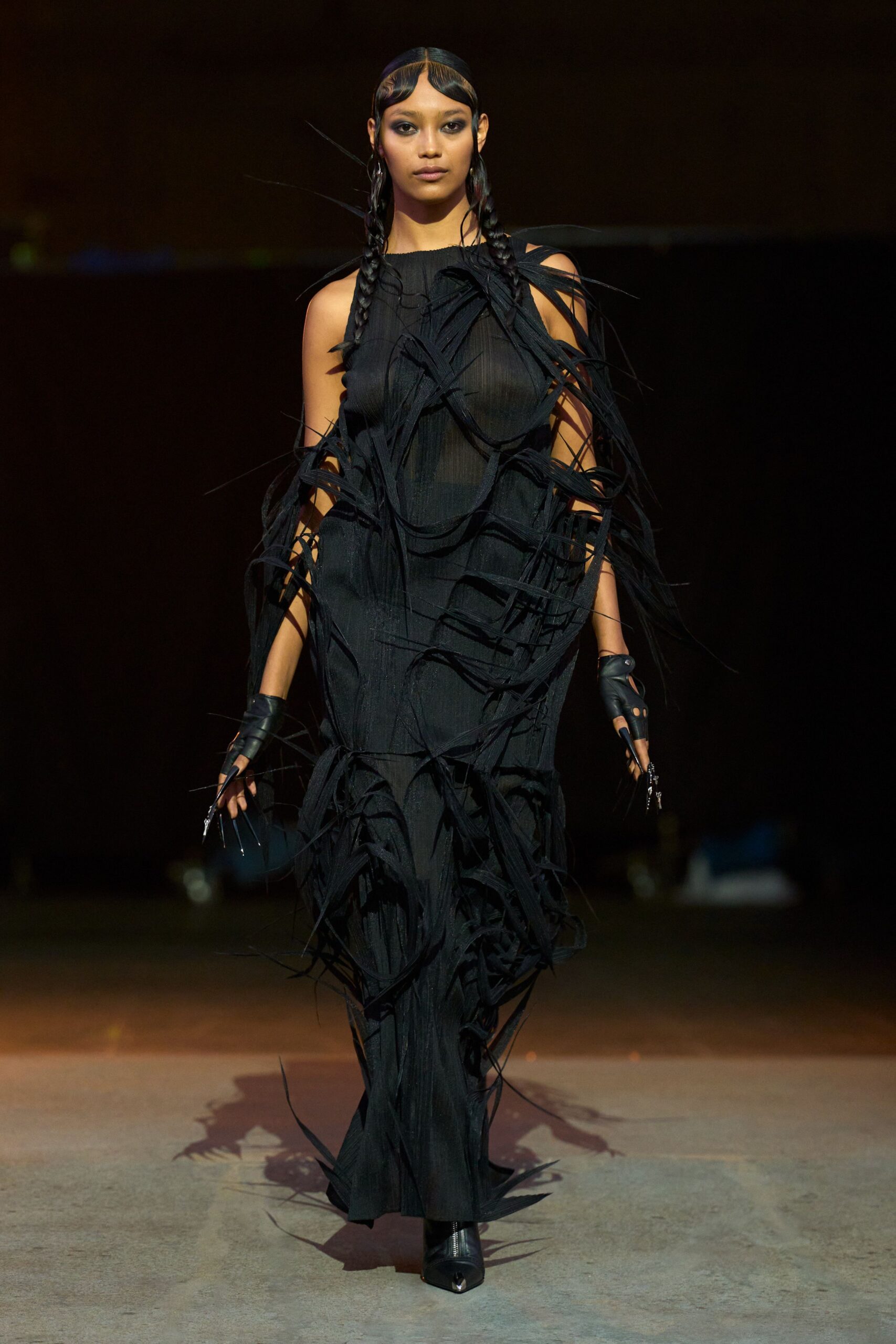 black fringed midi dress with heels