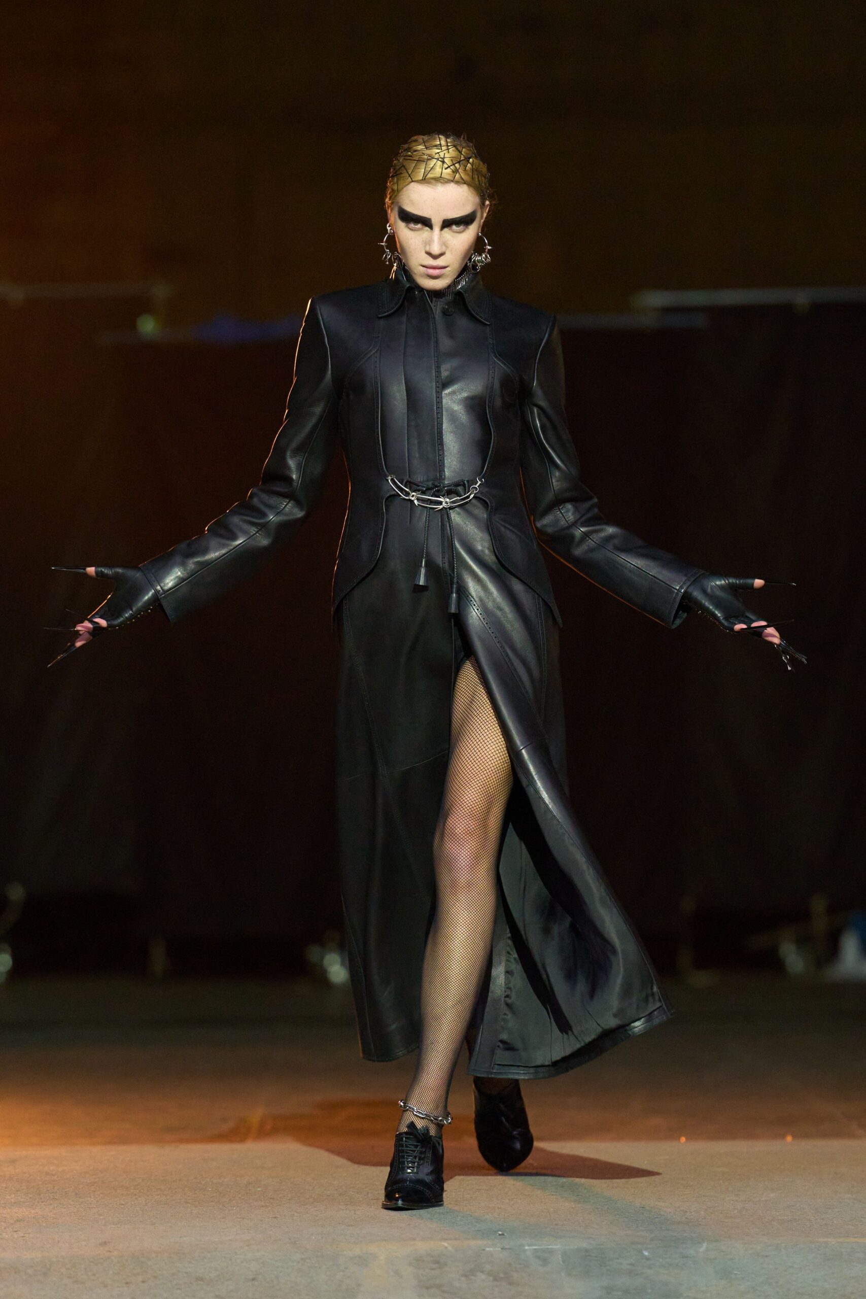 black leather long-sleeve collared fitted zippered maxi coat