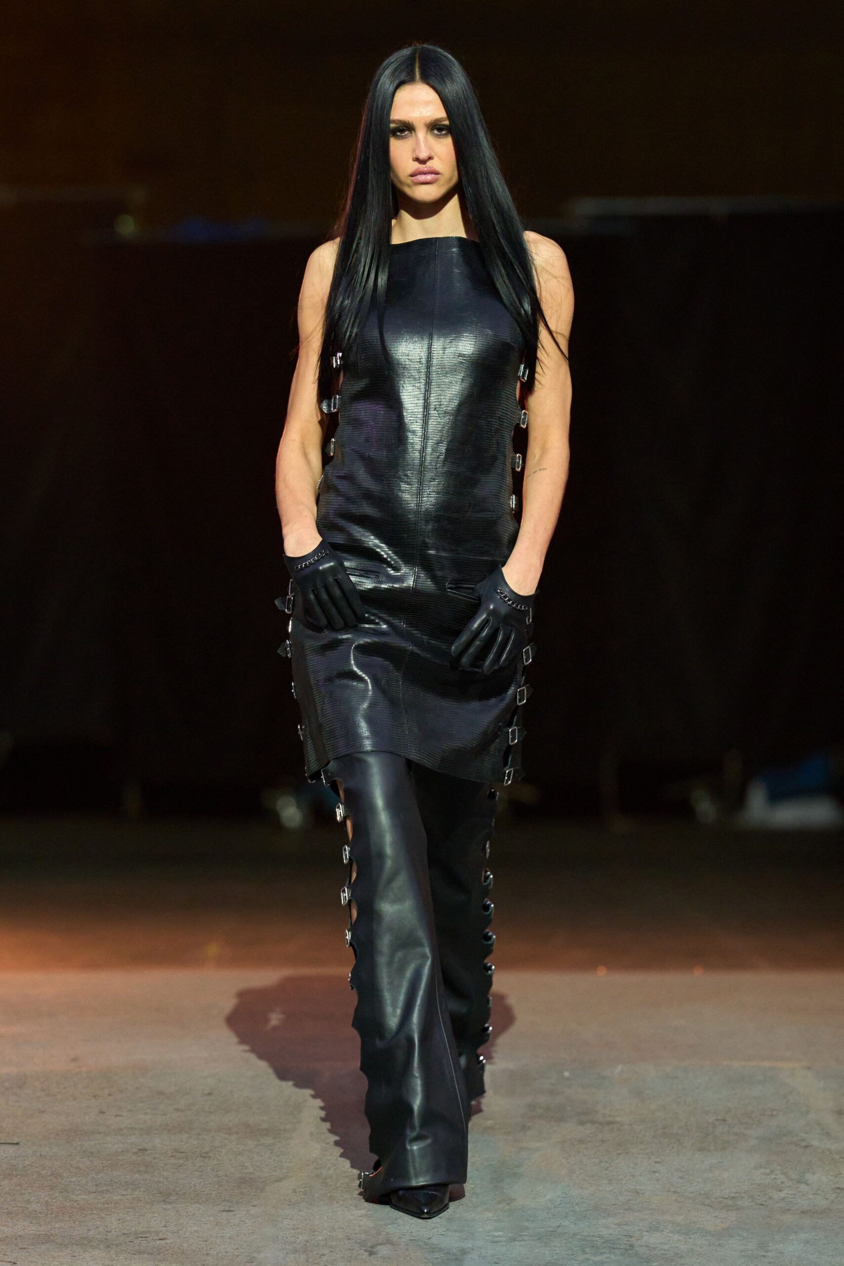 black leather sleeveless v-neck fitted zippered midi dress