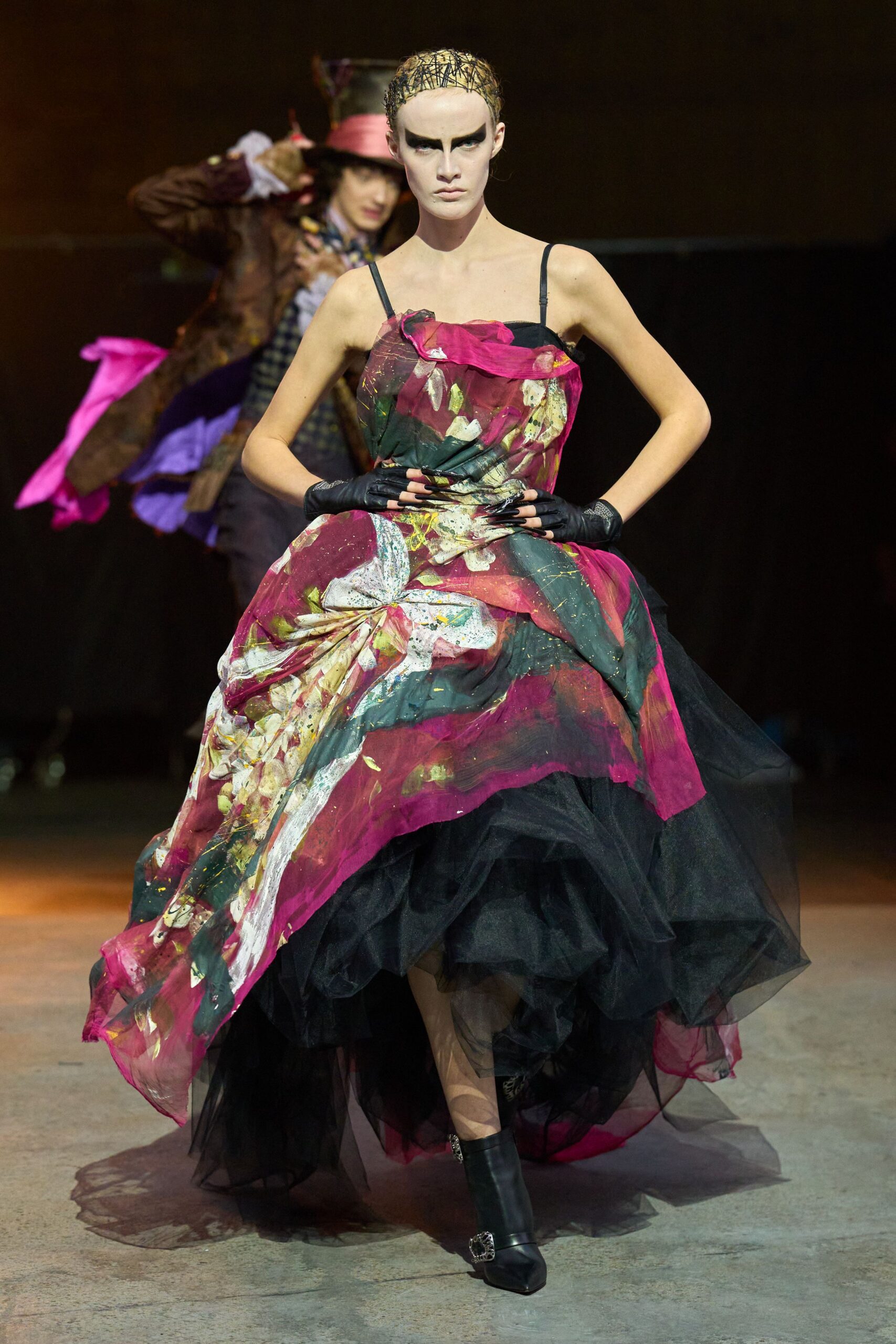 black tulle sleeveless v-neck fitted layered flared gown