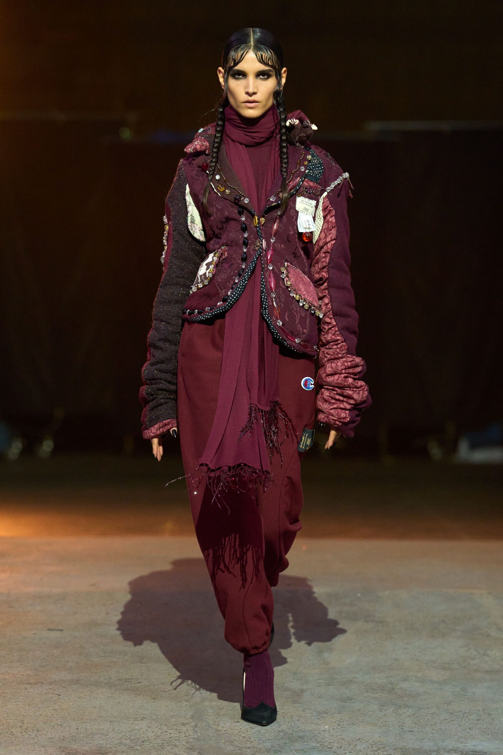 purple layered jacket with relaxed pants