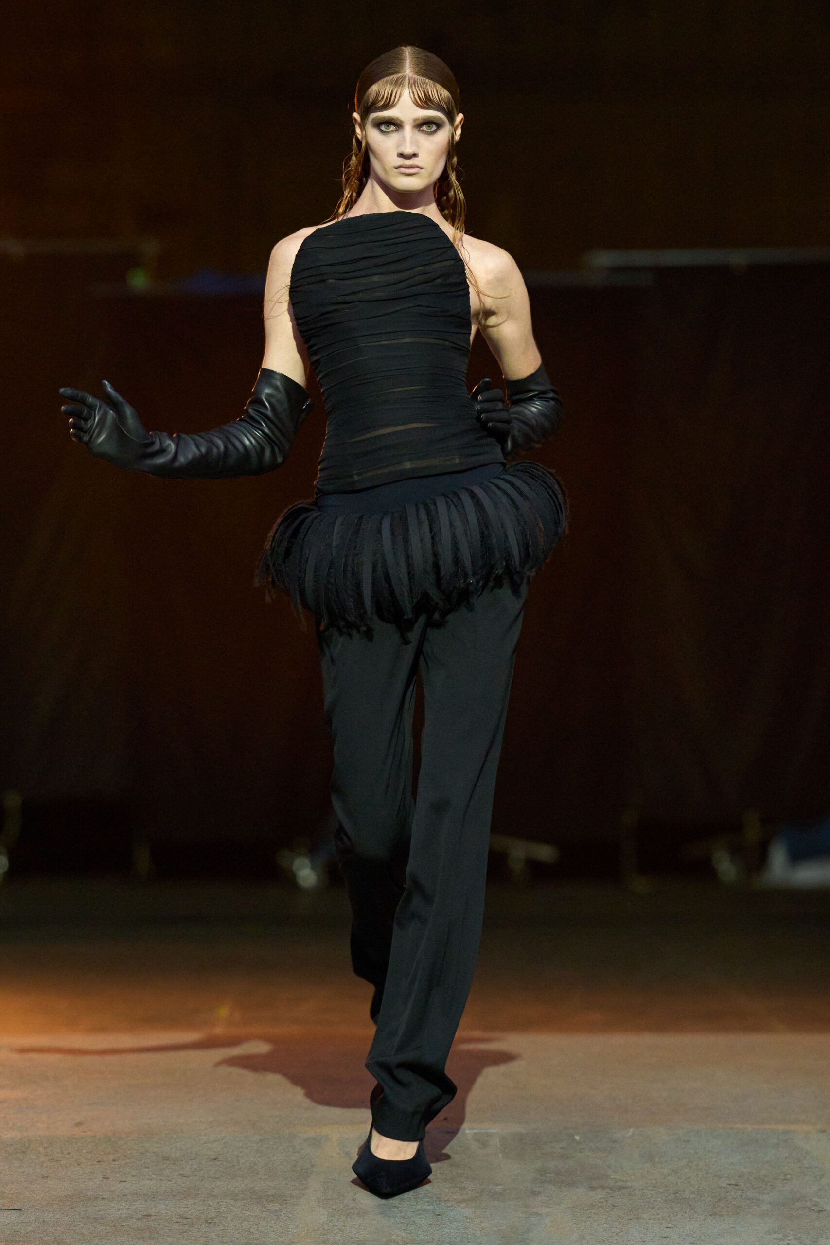 black silk slim straight-leg pants