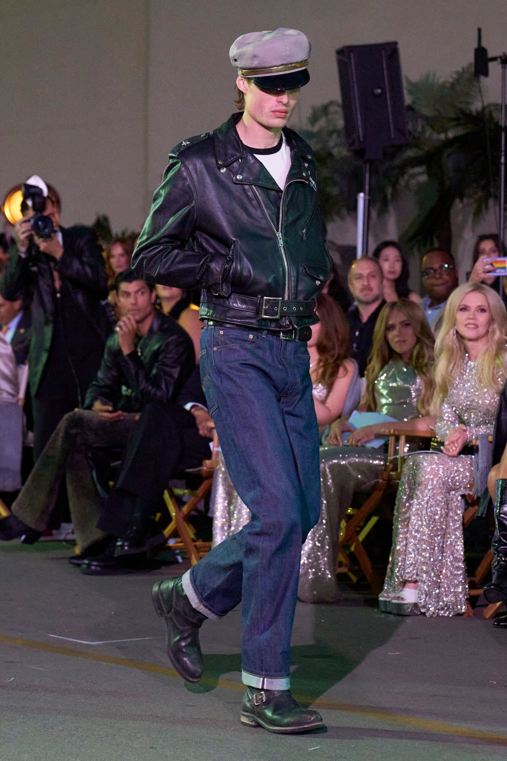 black leather jacket with denim pants