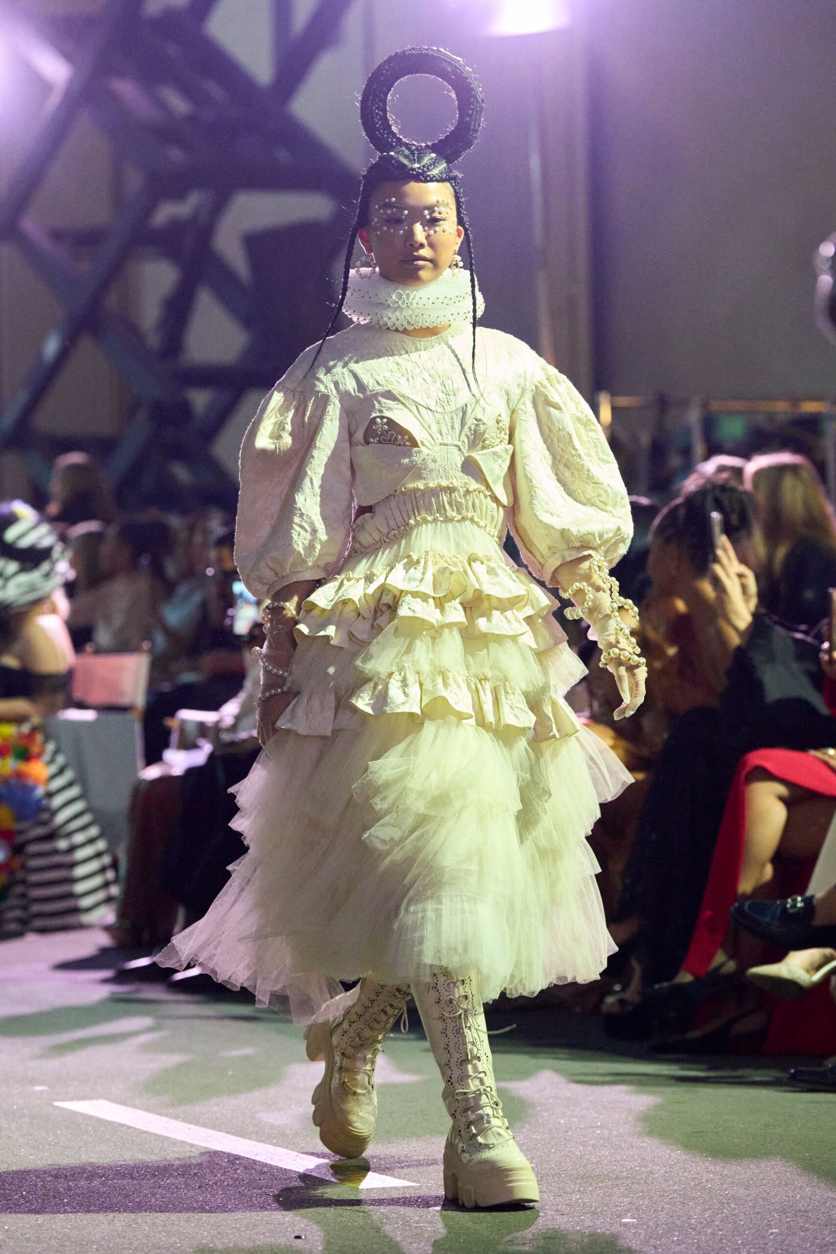 white tulle long-sleeve high-neck fitted ruffled tiered dress
