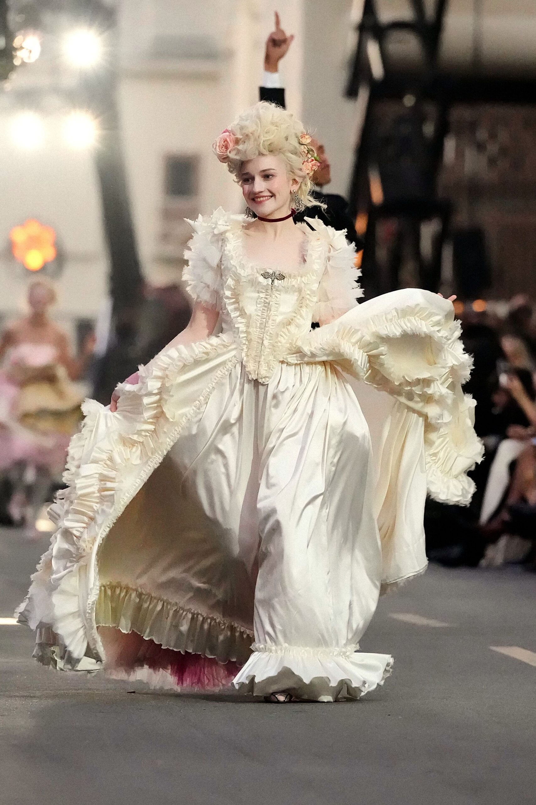 white silk ruffled gown