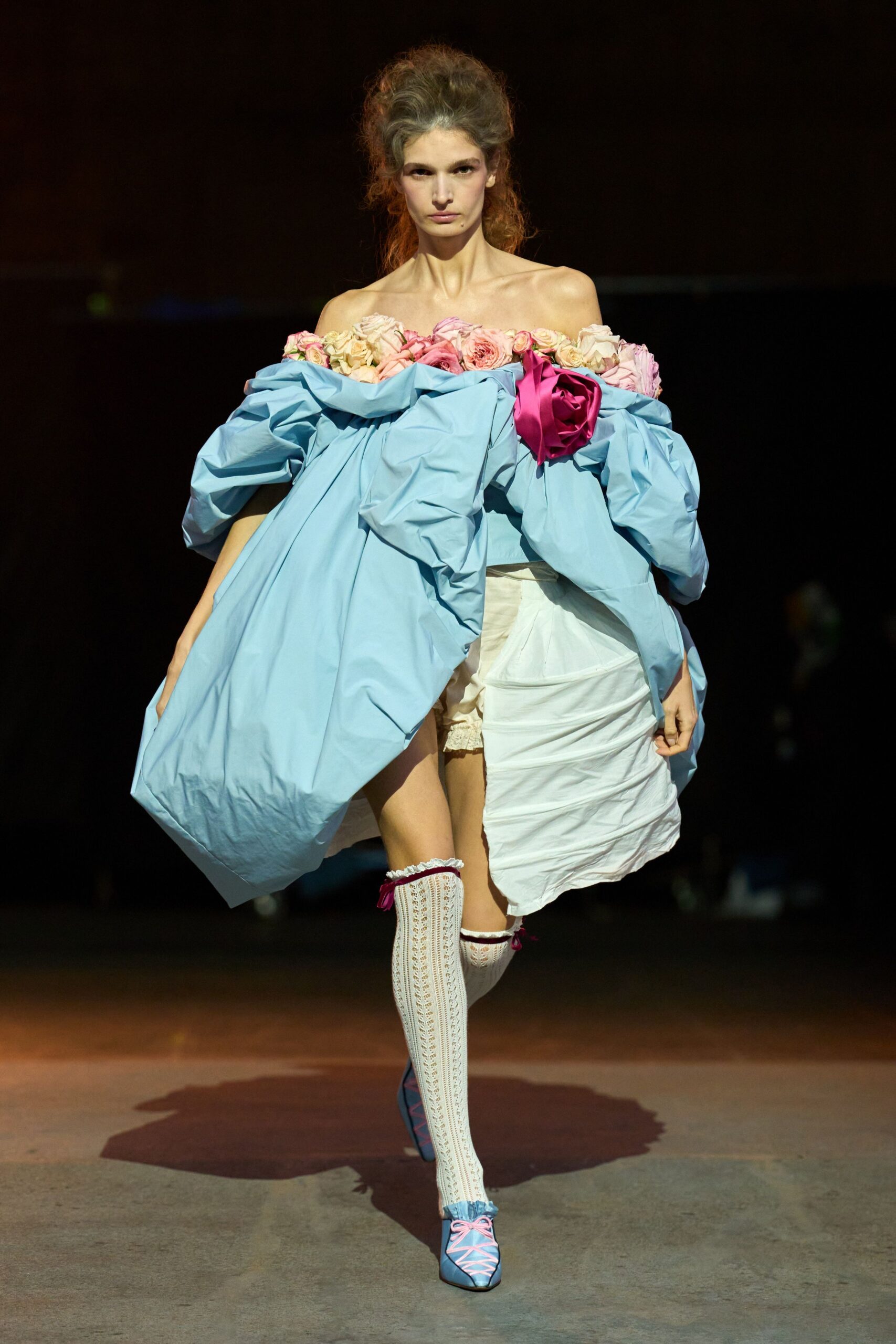 blue cotton off-shoulder oversized ruffled layered midi dress