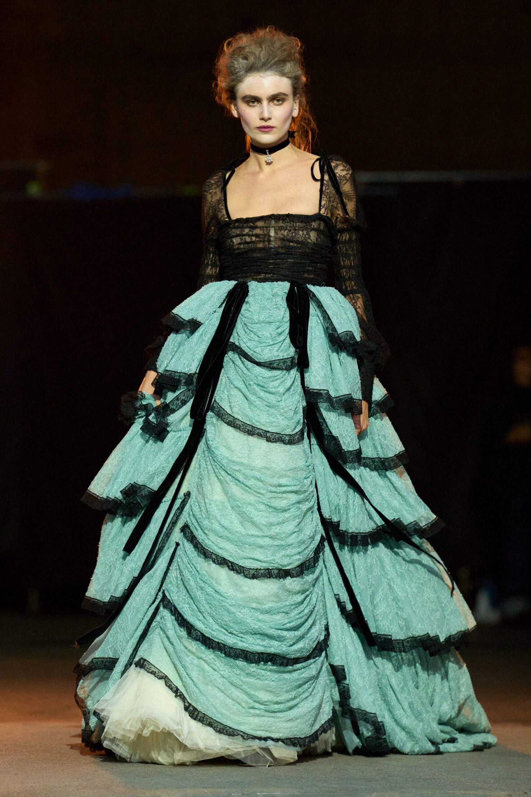 aqua black ruffled gown