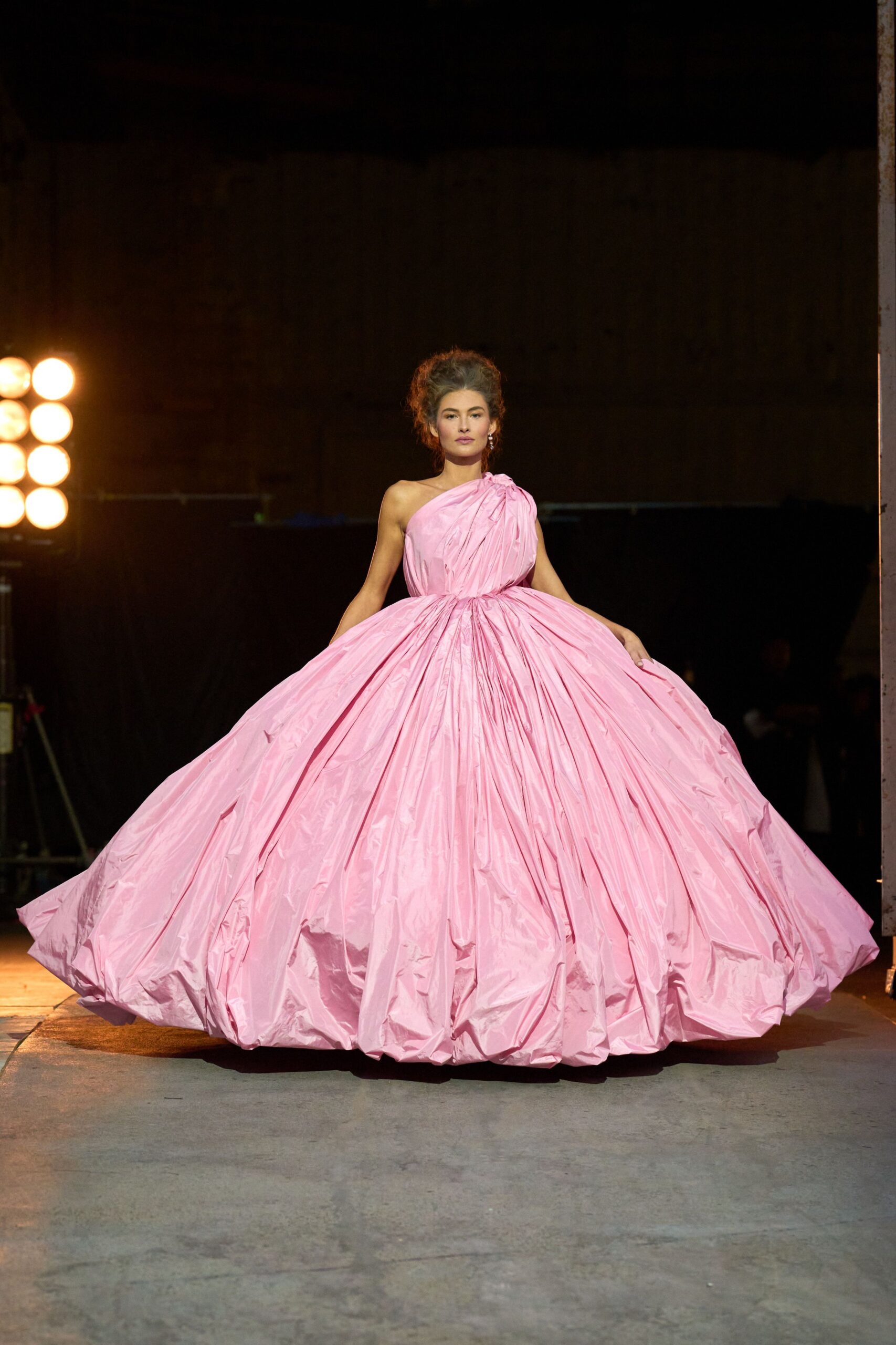 pink silk off-shoulder gown