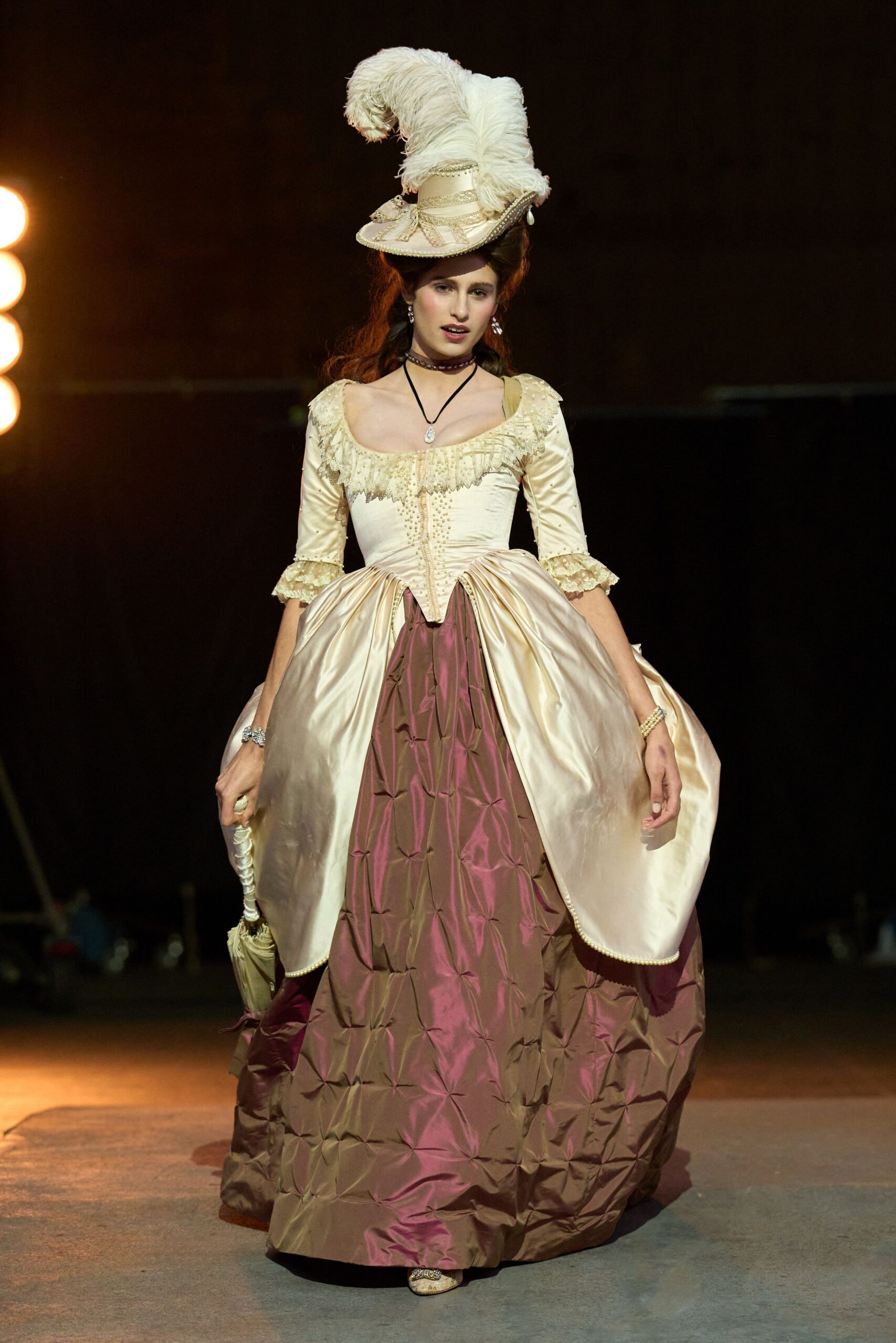 beige silk long-sleeve v-neck fitted pleated layered gown