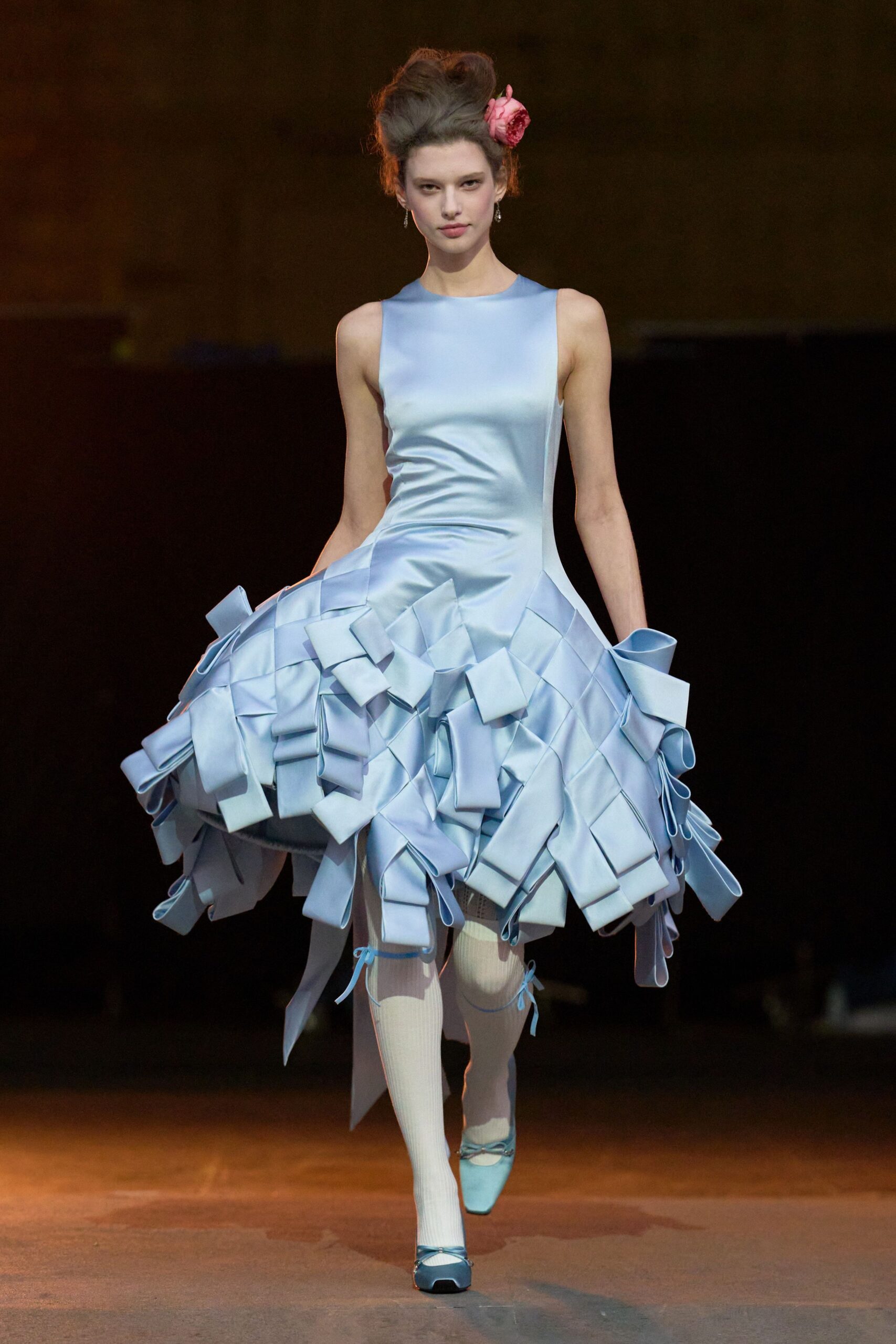 blue silk sleeveless high-neck fitted pleated layered dress