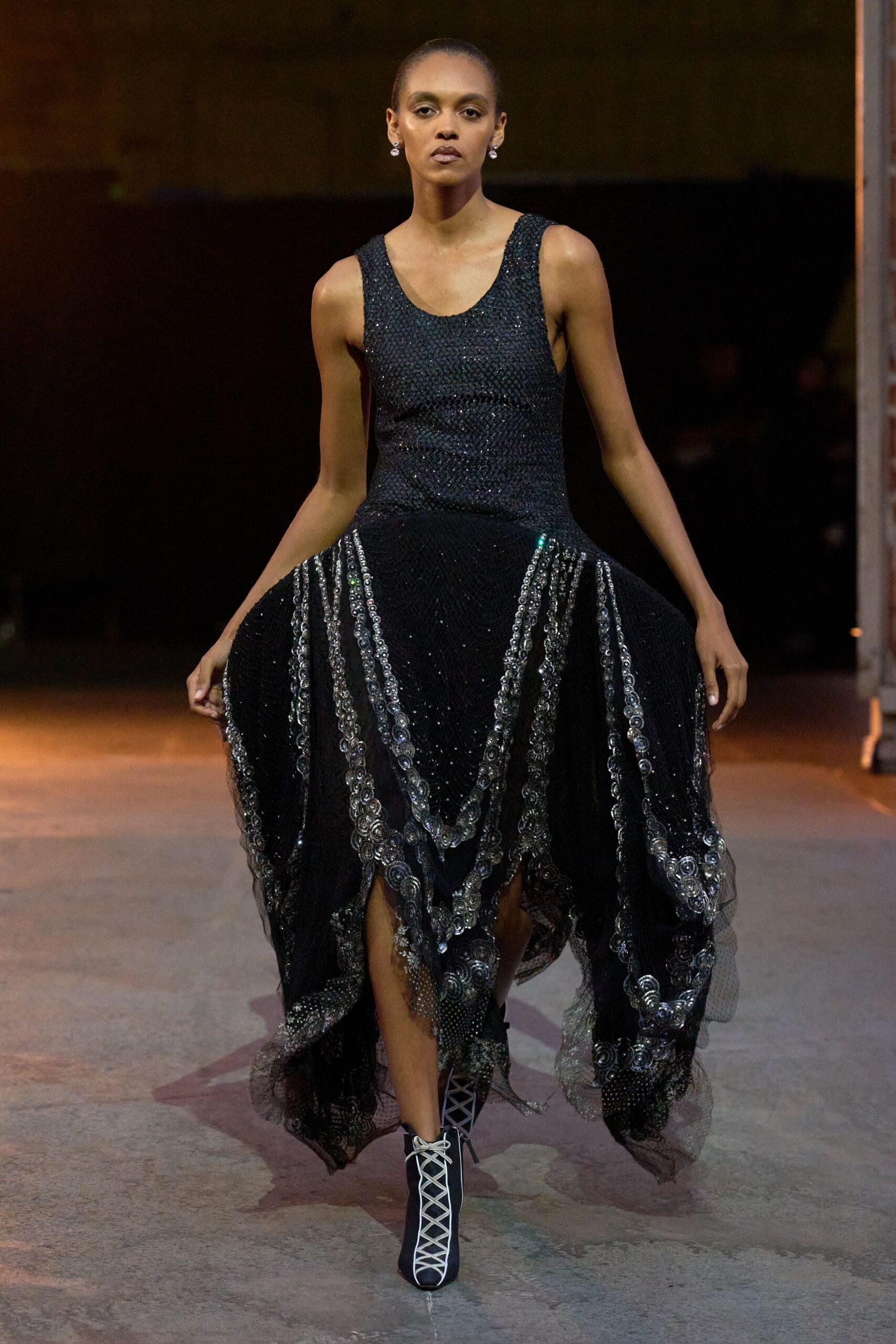 black sequin sleeveless v-neck fitted layered embellished dress