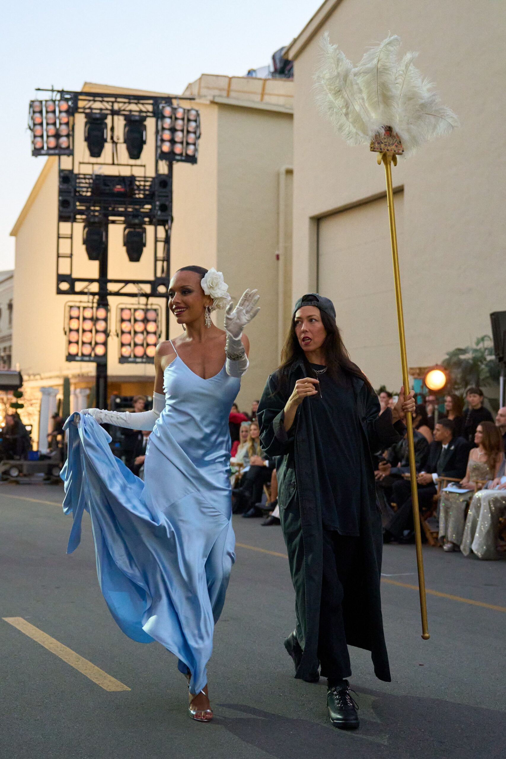 blue silk gown with flowing design