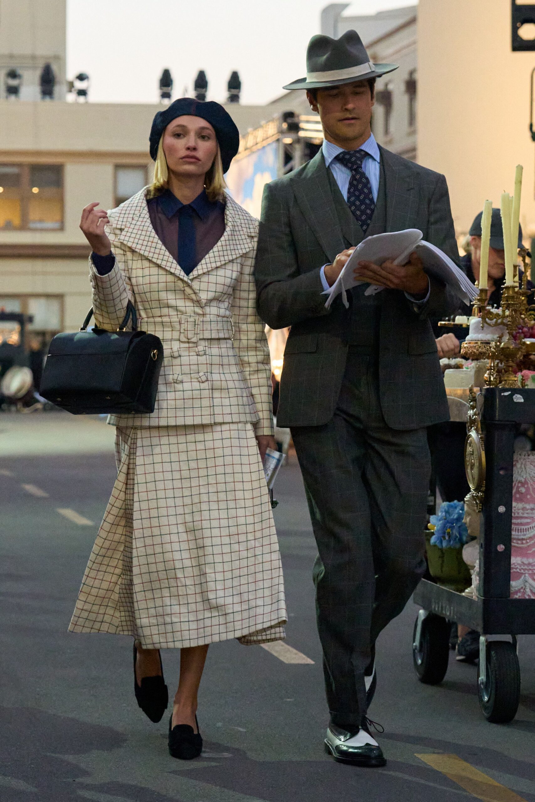 beige wool fitted checked a-line midi skirt
