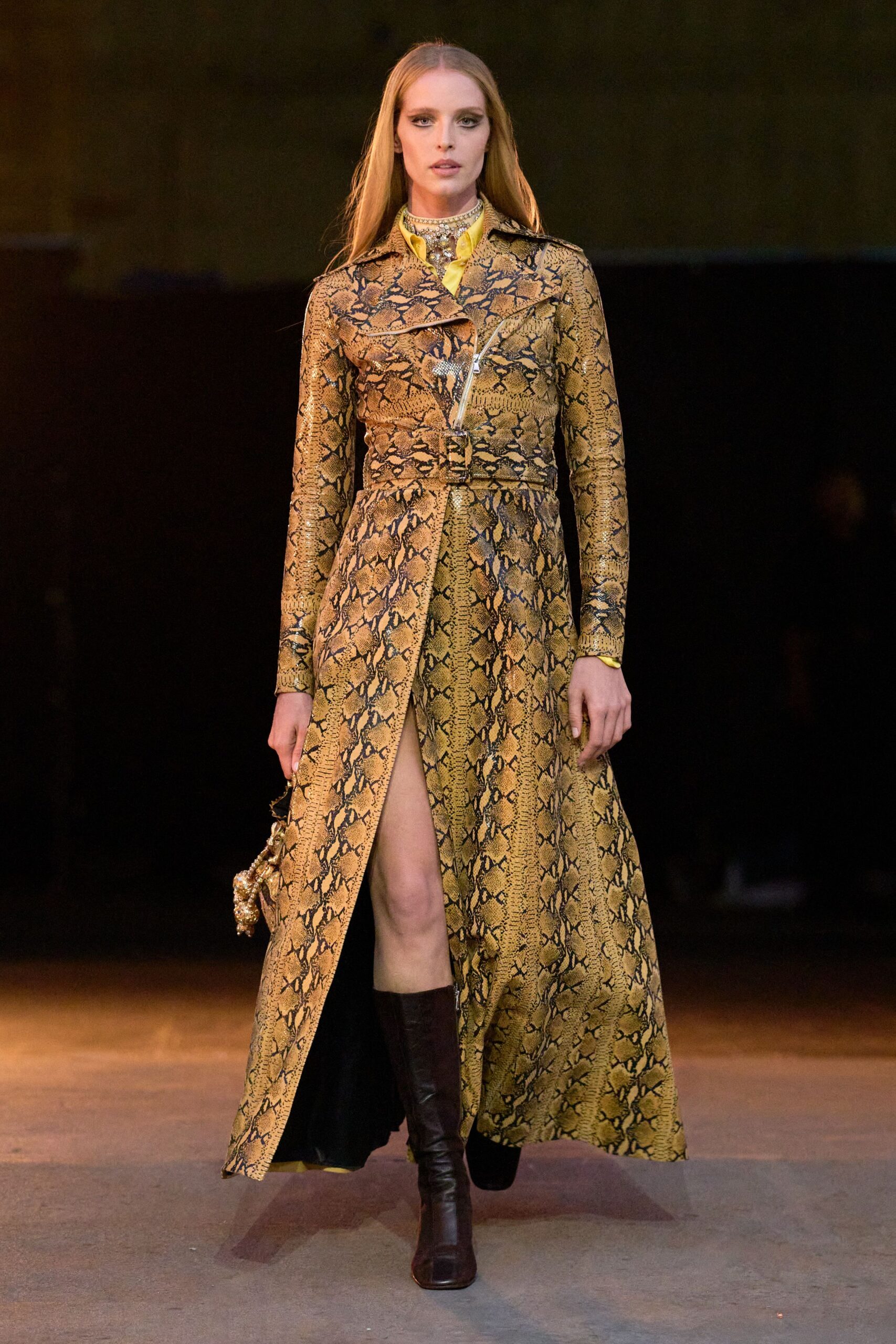 yellow silk long-sleeve v-neck fitted printed maxi dress