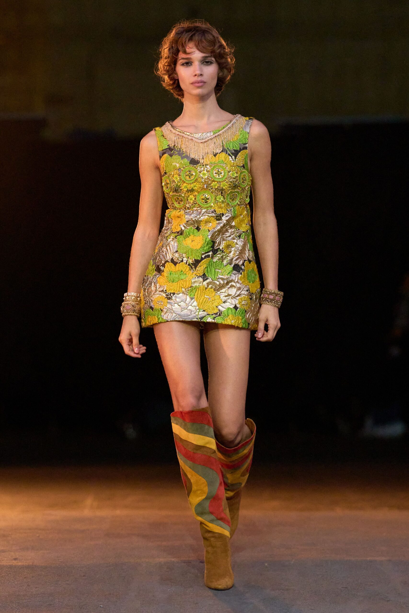 green silk sleeveless high-neck fitted floral embroidered mini-dress