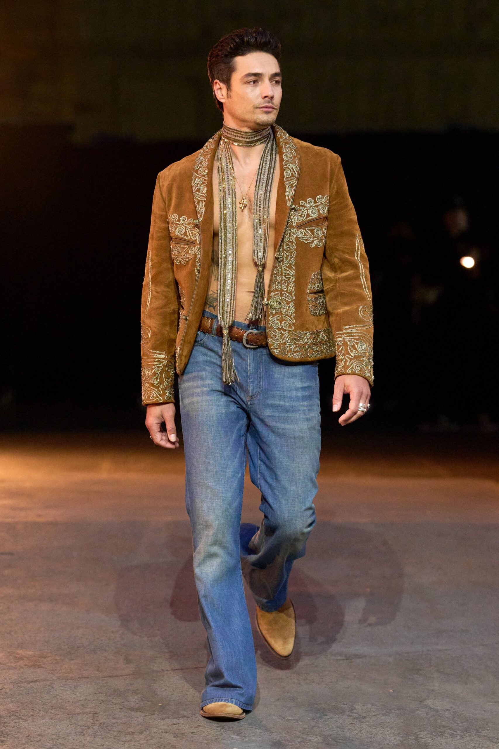 brown suede long-sleeve collared fitted embroidered jacket