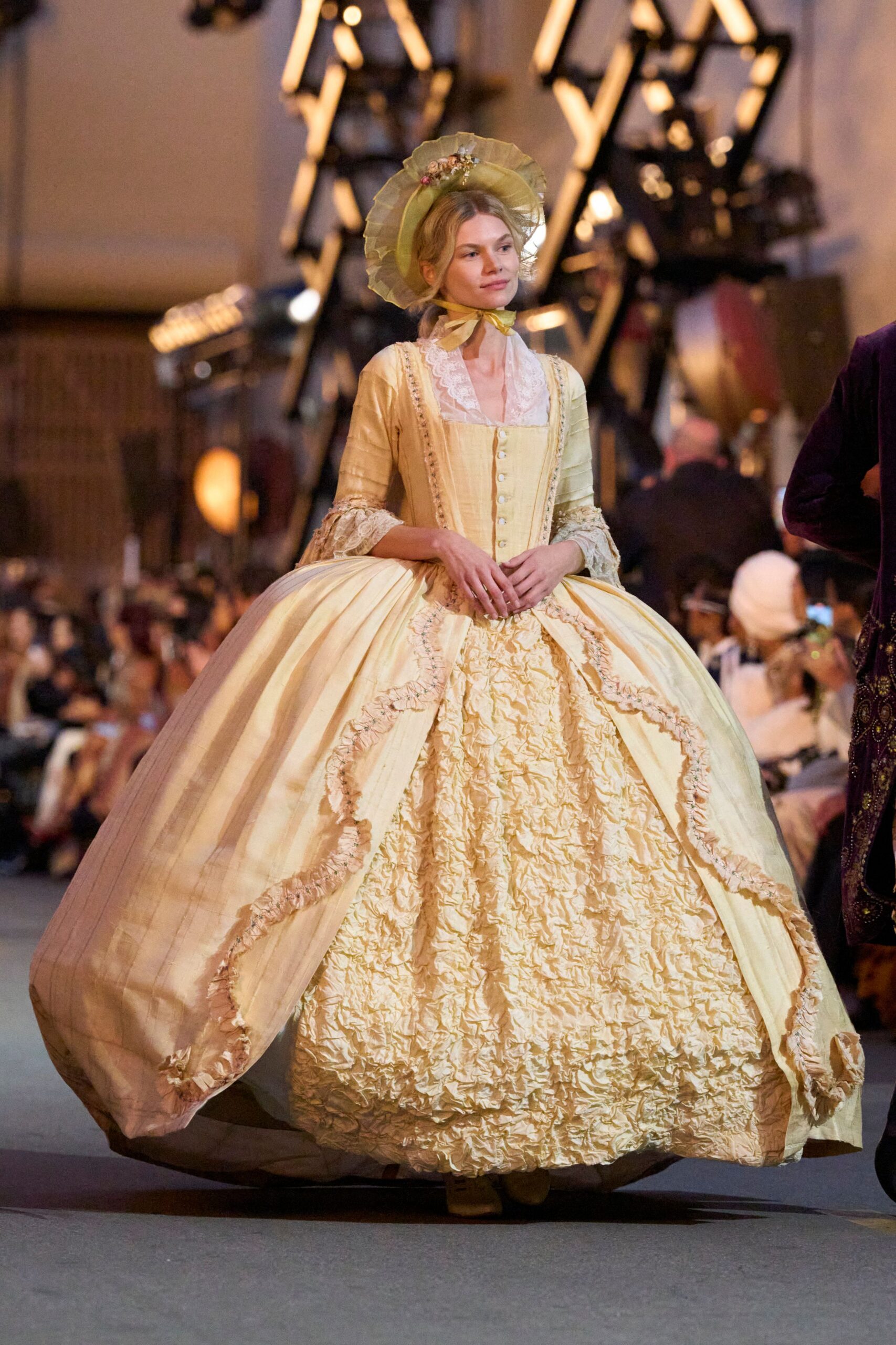 yellow silk long-sleeve collared fitted pleated ruffled gown