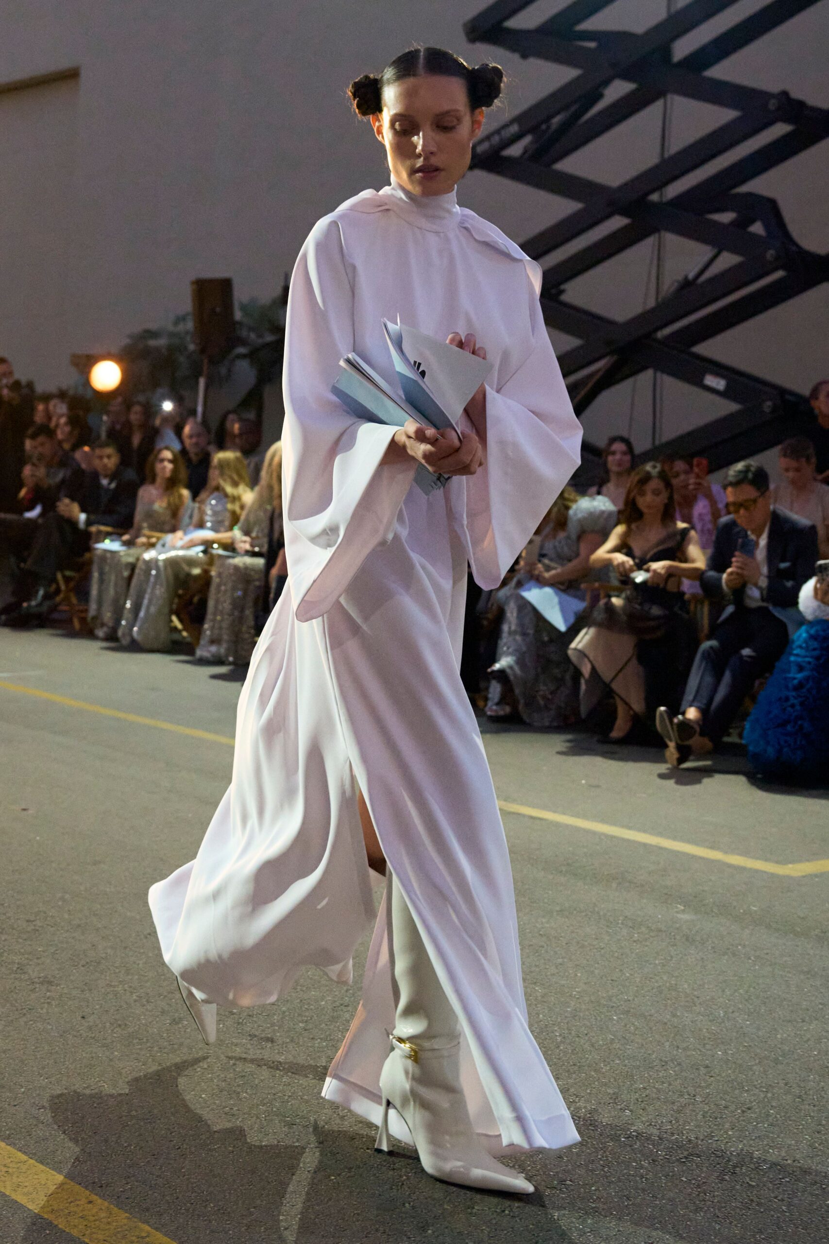 white silk long-sleeve high-neck fitted flowing maxi dress