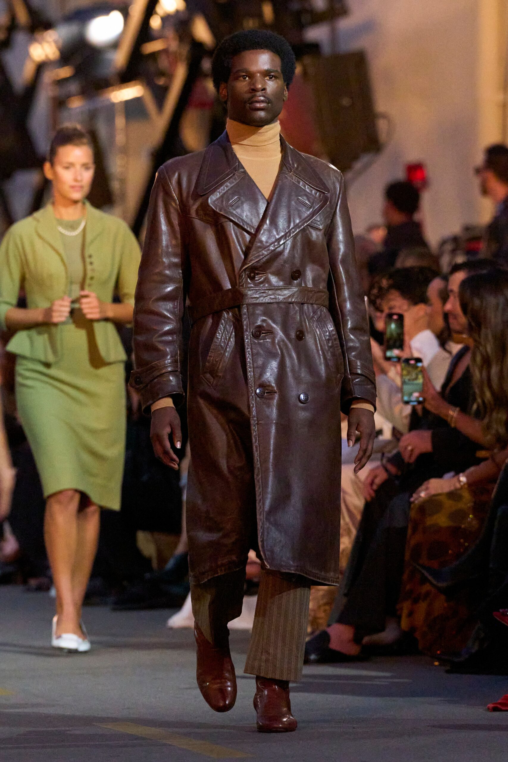 brown leather long-sleeve collared fitted belted coat