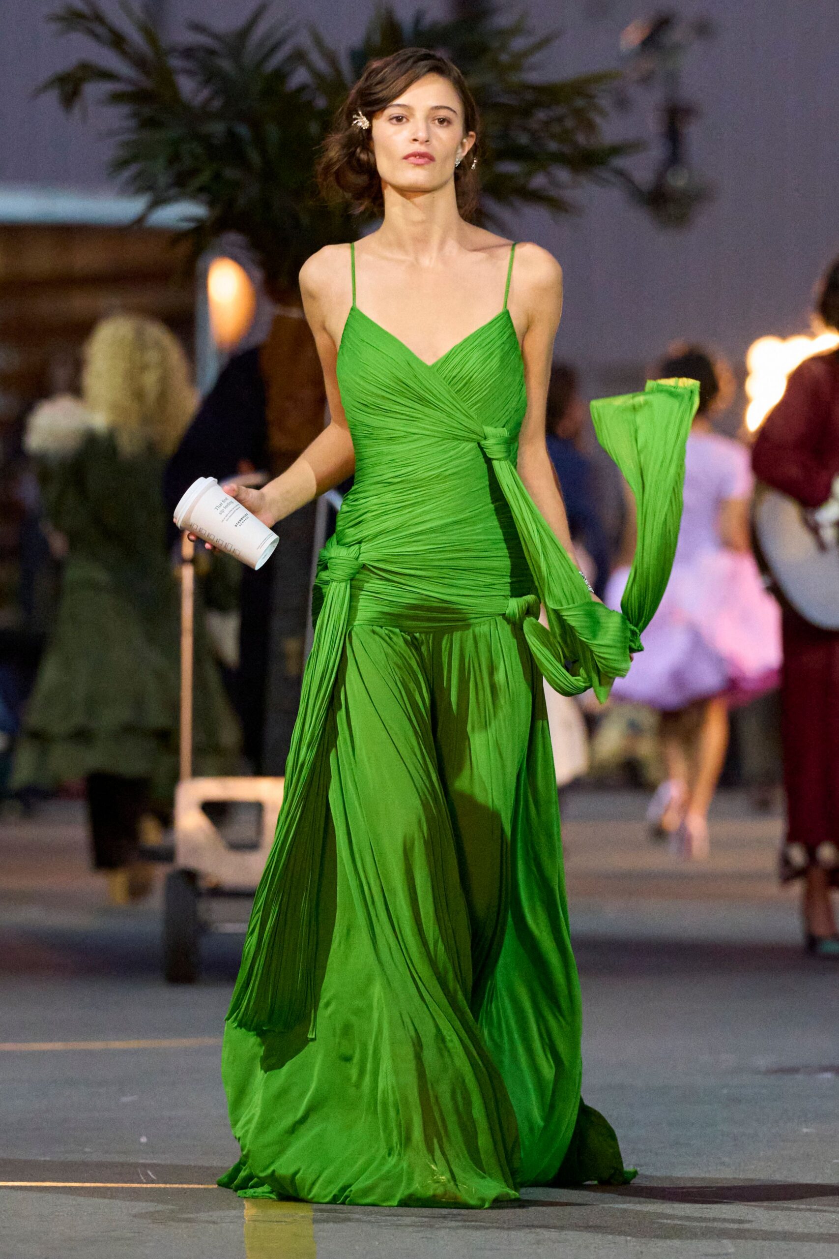 green silk sleeveless gown