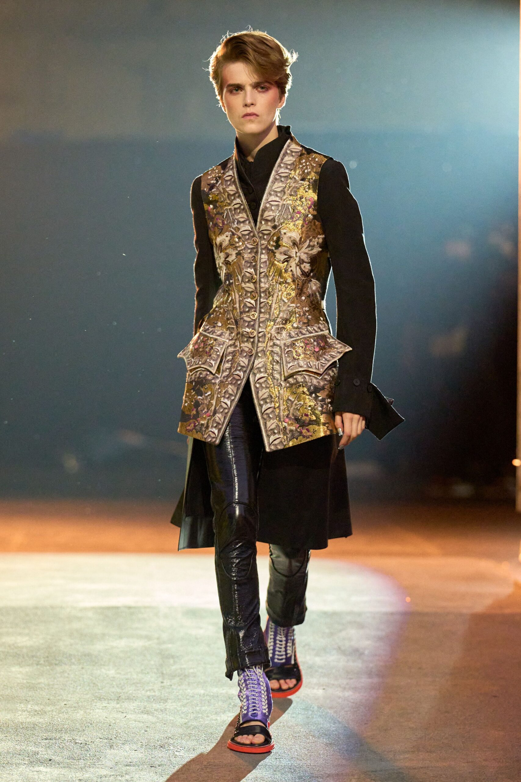 black silk long-sleeve collared fitted embroidered layered vest