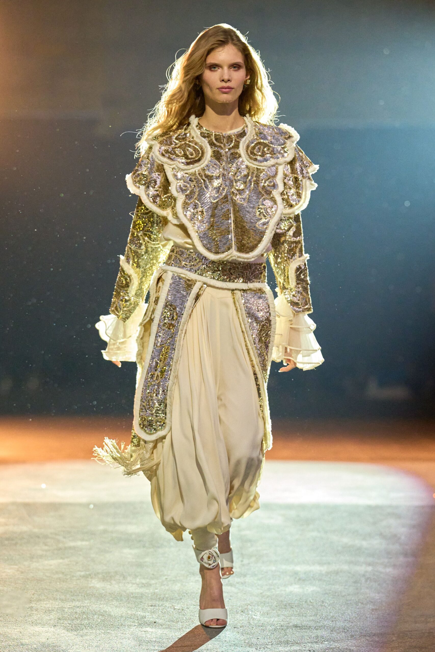 white silk long-sleeve collared fitted embroidered layered top